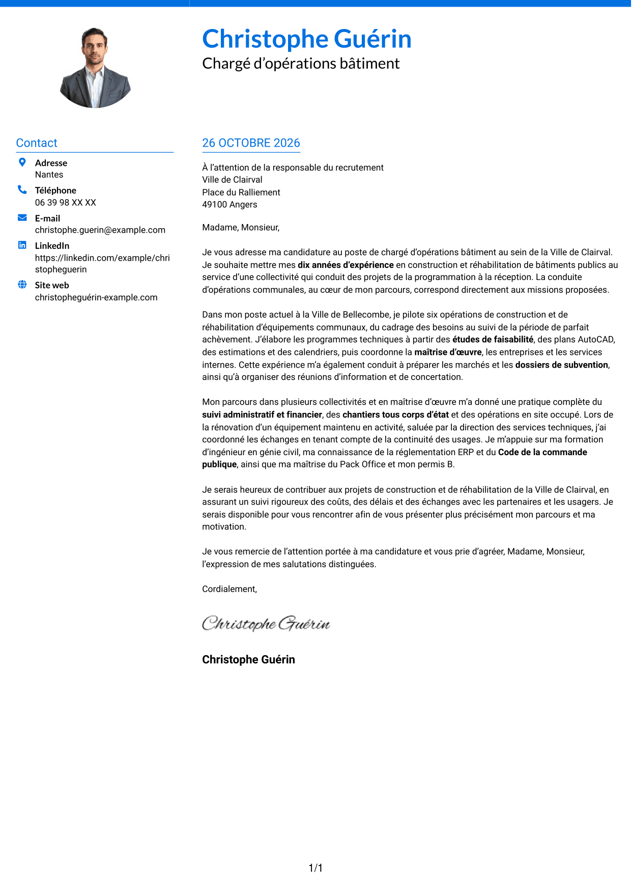 Lettre de motivation Audacieux (format à deux colonnes avec accents colorés et photo) : Chargé d’opérations bâtiment - Construction et réhabilitation, page 1