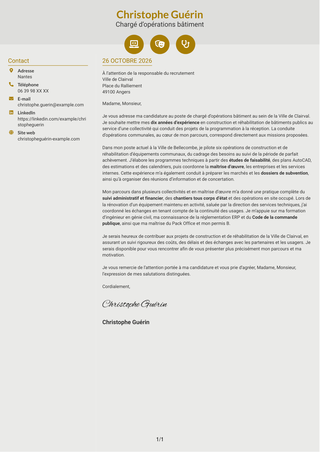 Lettre de motivation Dynamique (format à deux colonnes avec icônes) : Chargé d’opérations bâtiment - Construction et réhabilitation, page 1