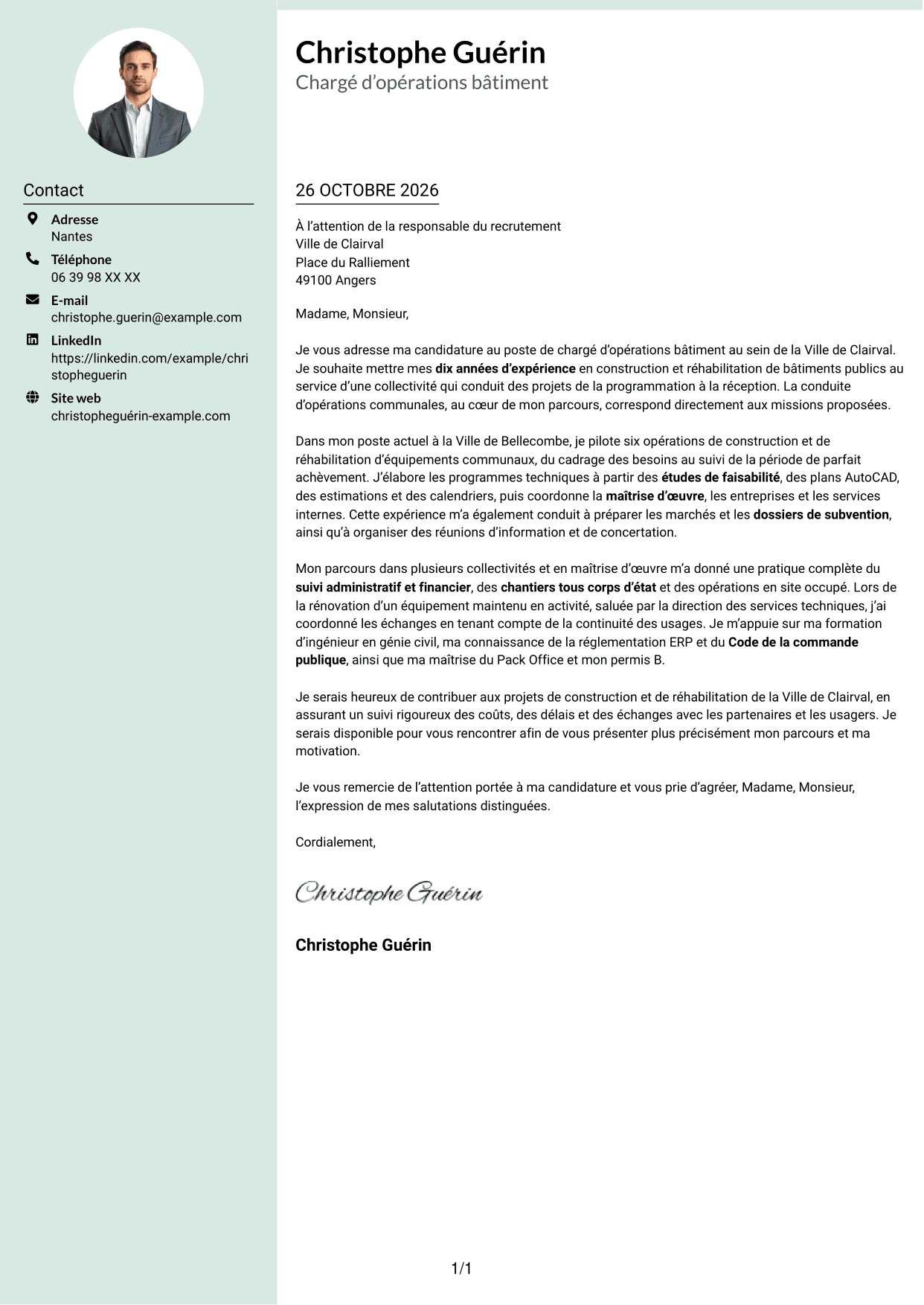Lettre de motivation Cadre (format à colonne latérale douce avec photo arrondie) : Chargé d’opérations bâtiment - Construction et réhabilitation, page 1