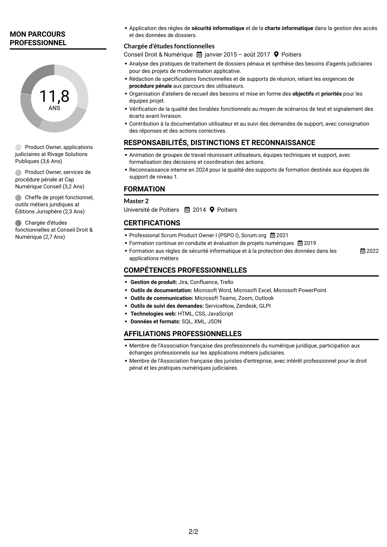 CV Compact (format sobre à deux colonnes avec photo) : Chargé d’études qualifié, Product Owner - Procédure pénale numérique, page 2