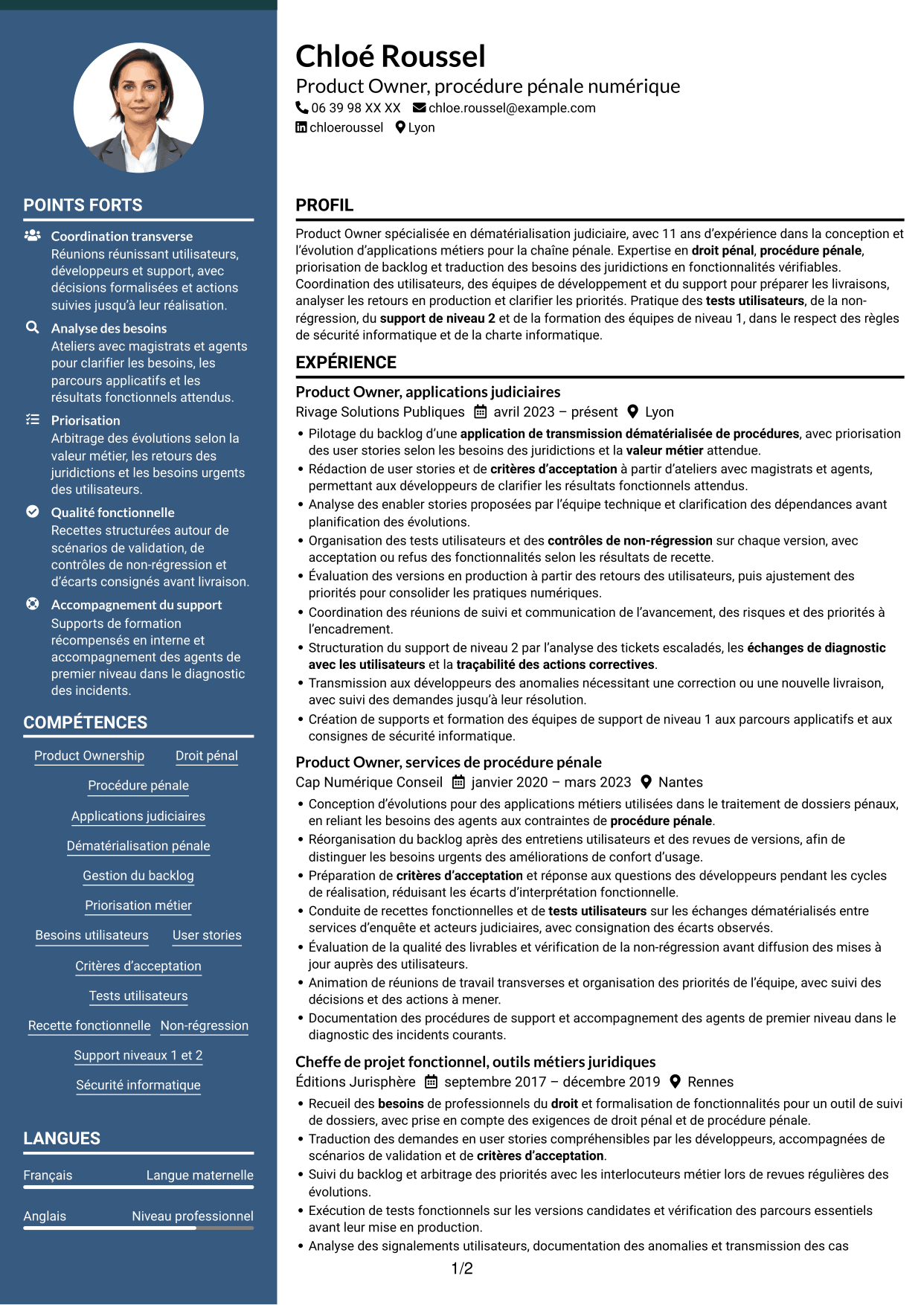 CV Élégant (format à colonne latérale colorée avec photo) : Chargé d’études qualifié, Product Owner - Procédure pénale numérique, page 1