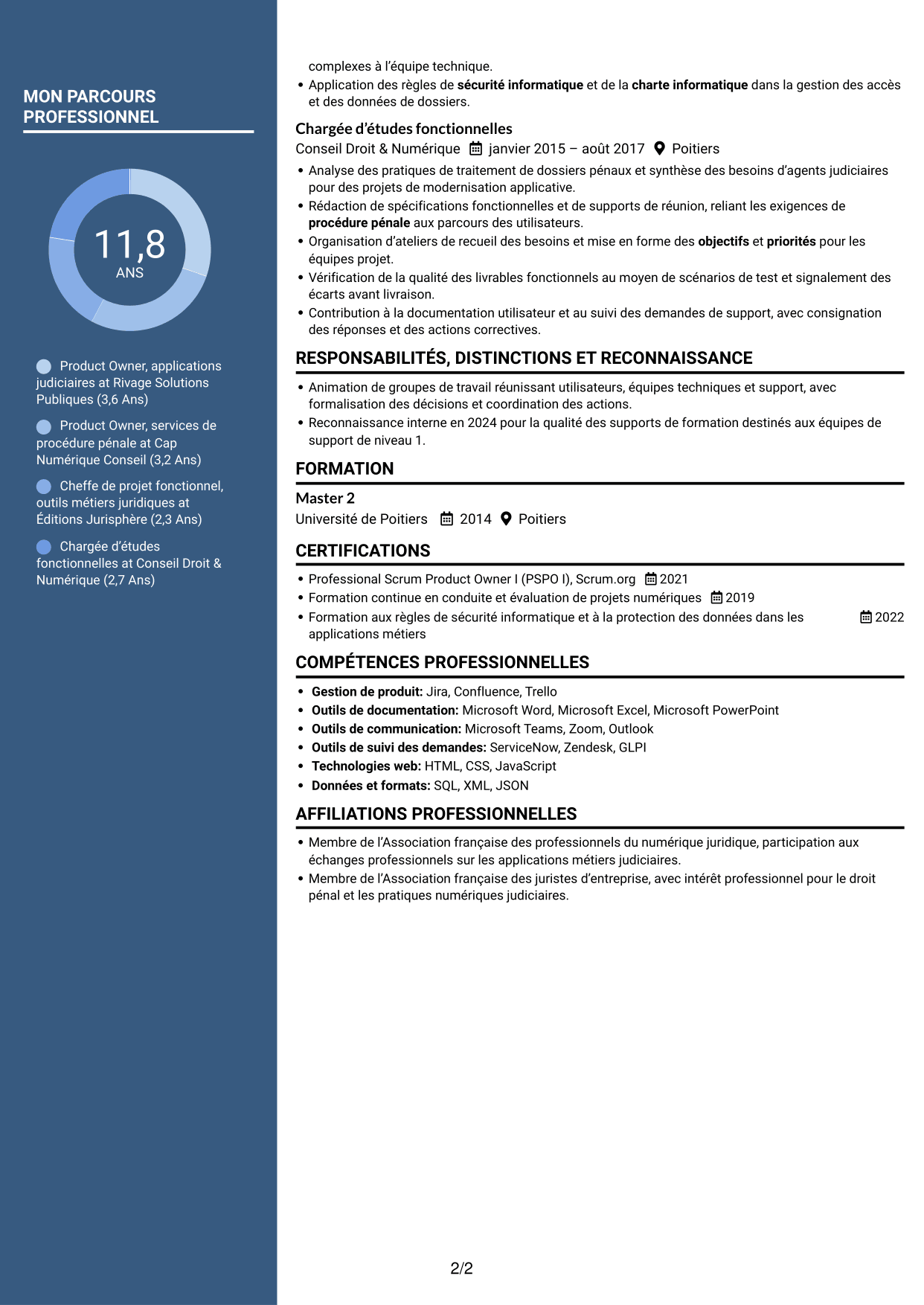 CV Élégant (format à colonne latérale colorée avec photo) : Chargé d’études qualifié, Product Owner - Procédure pénale numérique, page 2