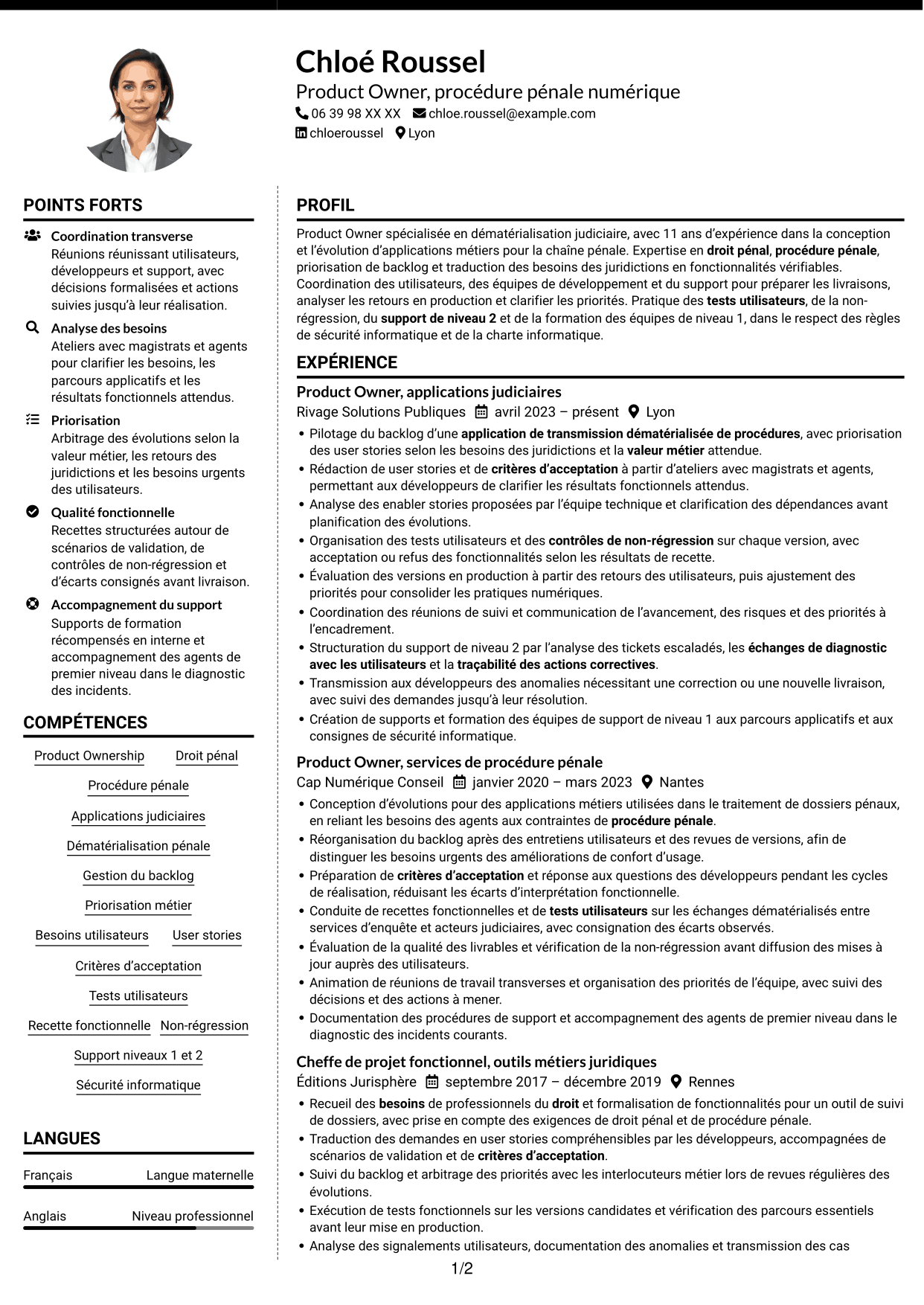 CV Moderne (format à deux colonnes avec photo à gauche et séparateur) : Chargé d’études qualifié, Product Owner - Procédure pénale numérique, page 1