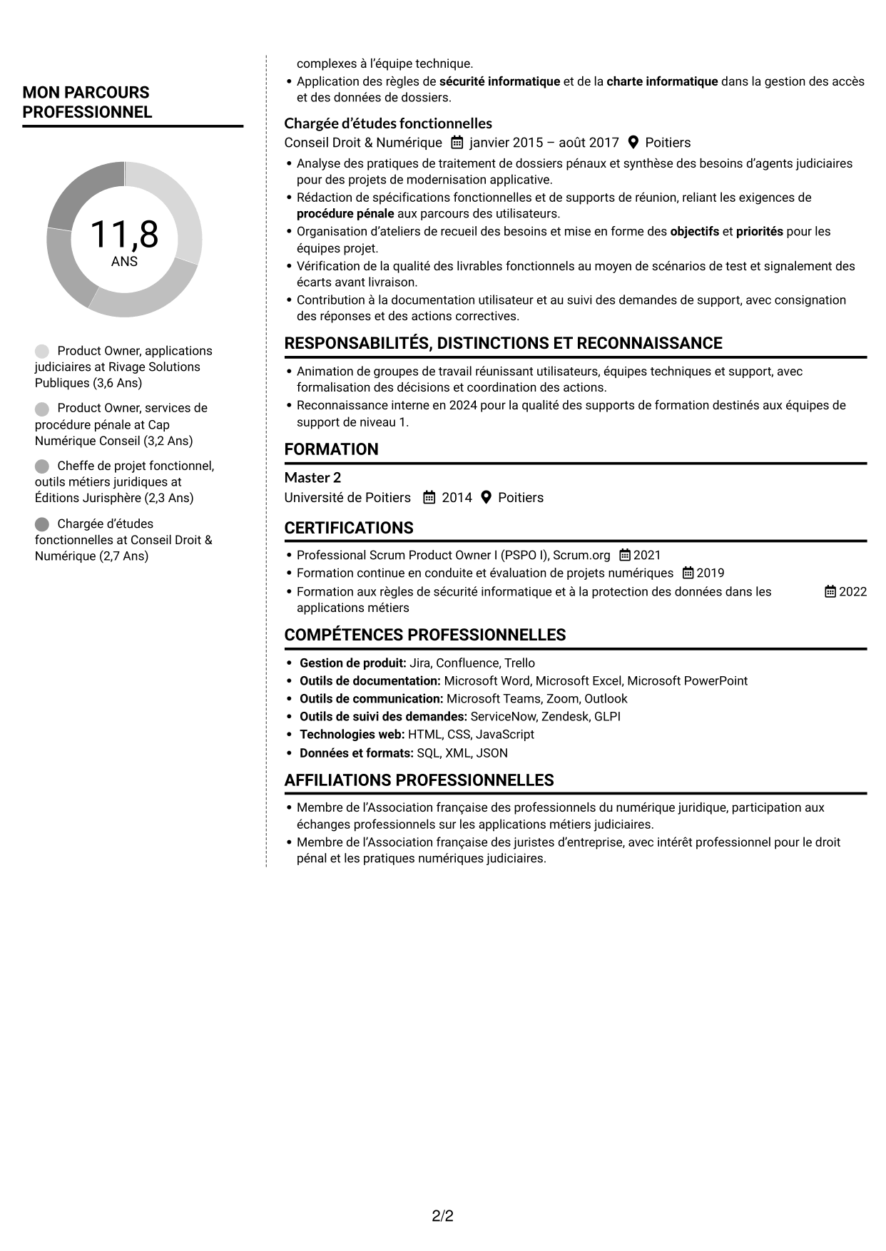 CV Moderne (format à deux colonnes avec photo à gauche et séparateur) : Chargé d’études qualifié, Product Owner - Procédure pénale numérique, page 2