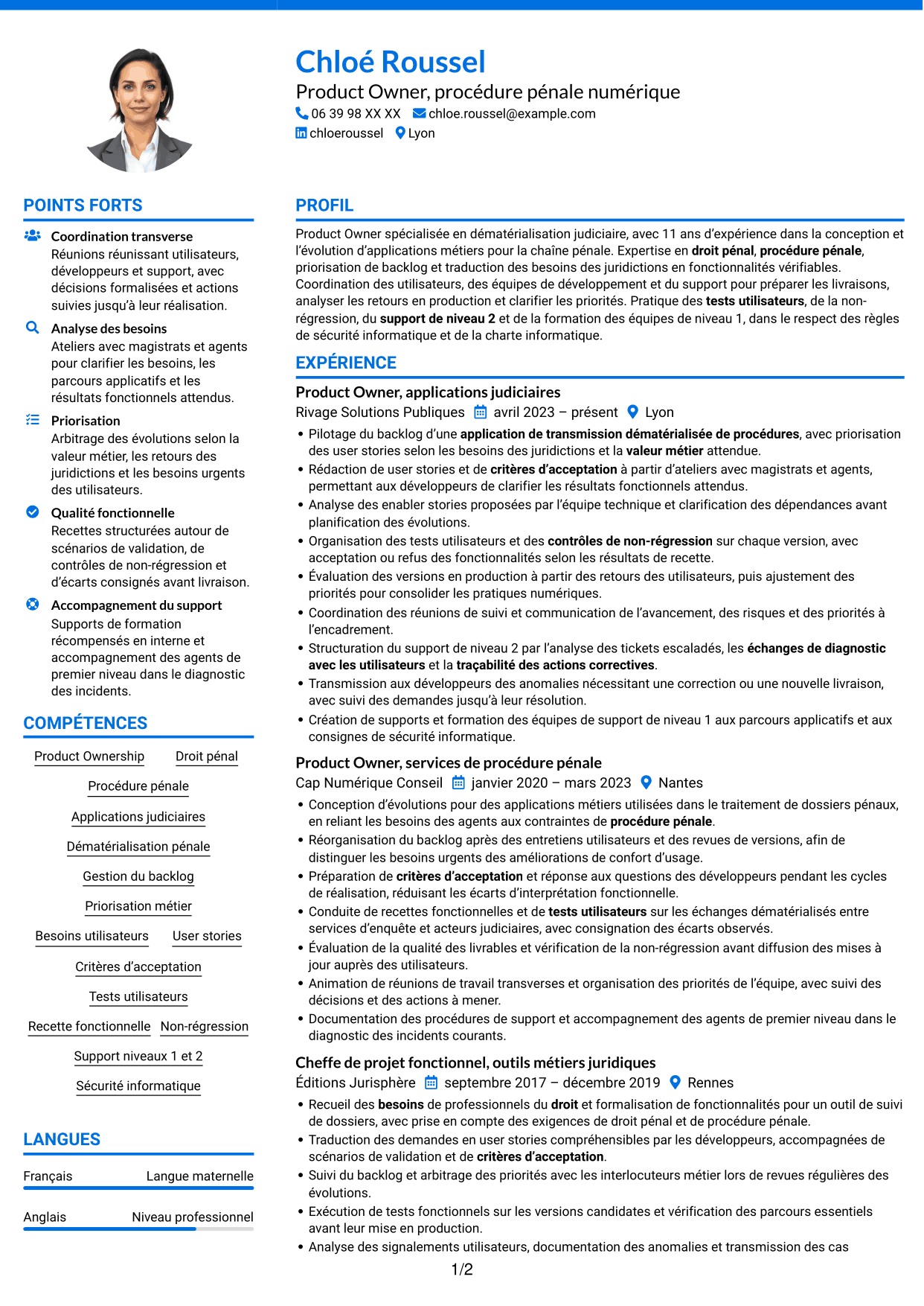 CV Audacieux (format à deux colonnes avec accents colorés et photo) : Chargé d’études qualifié, Product Owner - Procédure pénale numérique, page 1