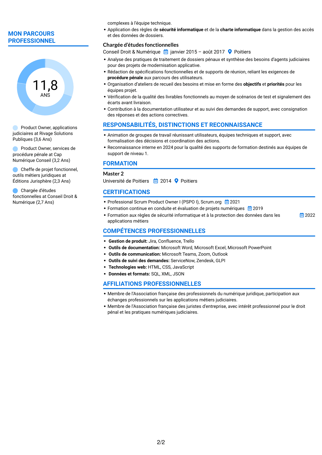 CV Audacieux (format à deux colonnes avec accents colorés et photo) : Chargé d’études qualifié, Product Owner - Procédure pénale numérique, page 2