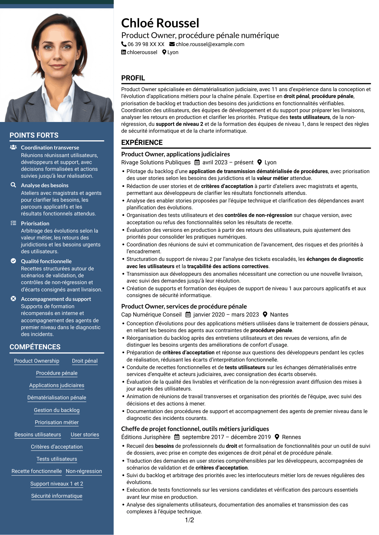 CV Signature (format à colonne latérale colorée avec grande photo) : Chargé d’études qualifié, Product Owner - Procédure pénale numérique, page 1