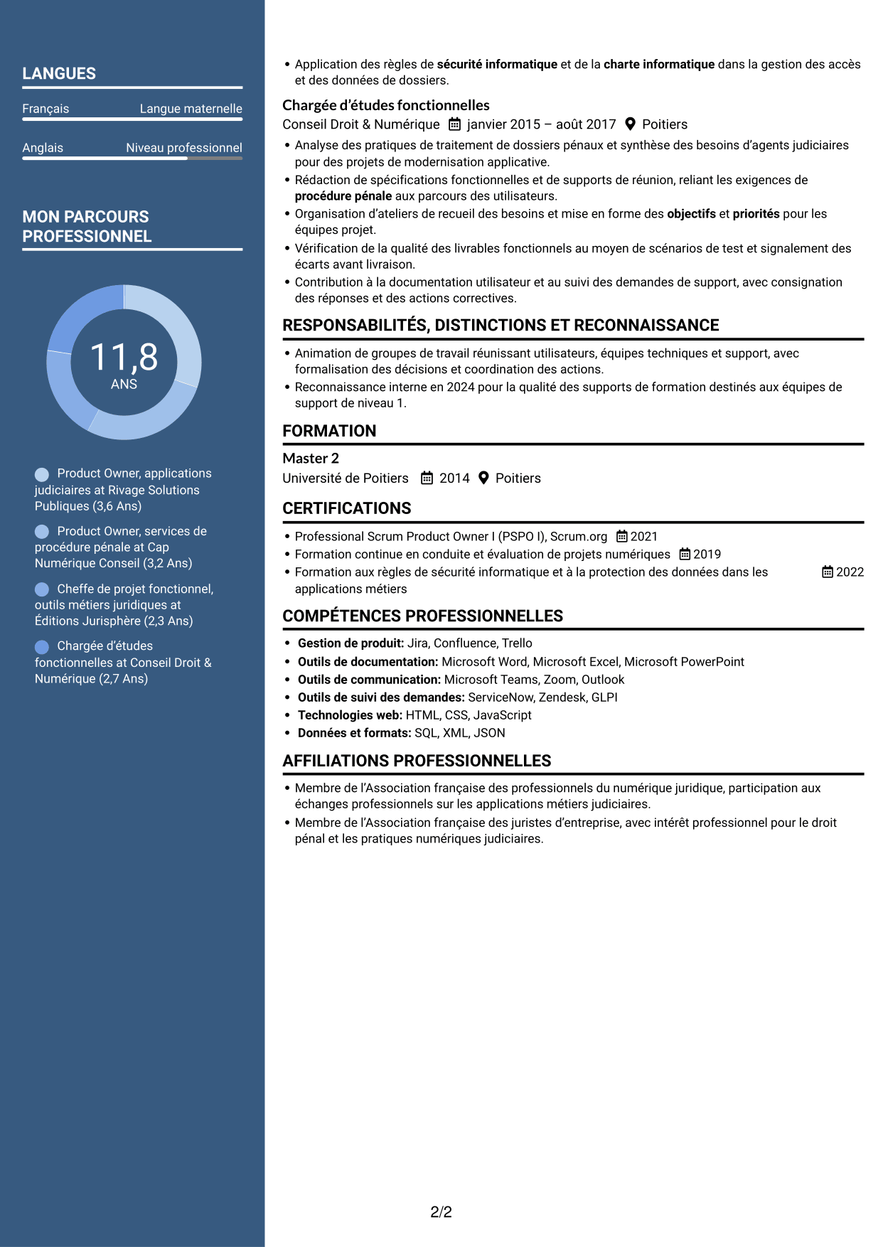 CV Signature (format à colonne latérale colorée avec grande photo) : Chargé d’études qualifié, Product Owner - Procédure pénale numérique, page 2