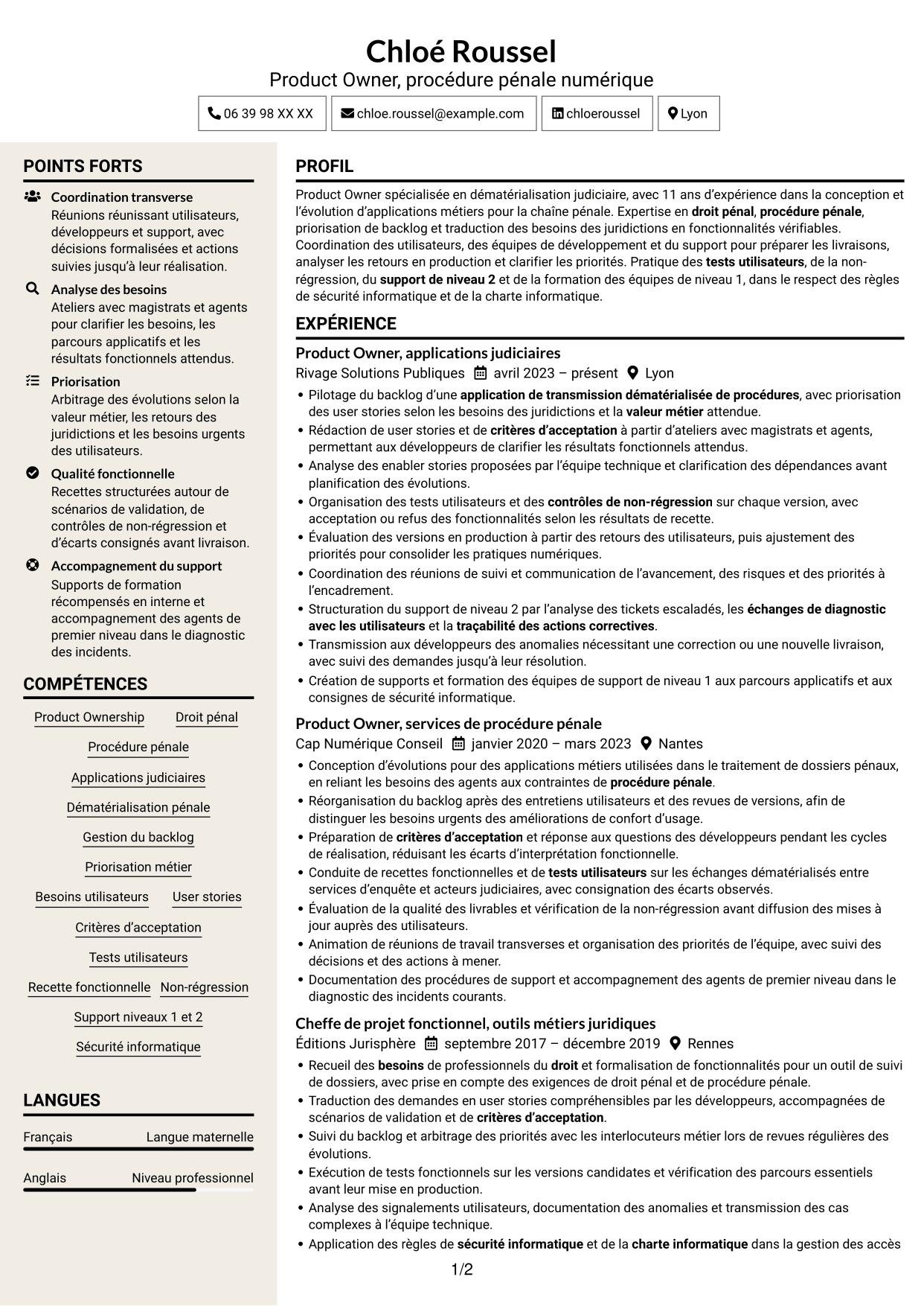 CV Fonceur (format à deux colonnes avec en-tête centré sans photo) : Chargé d’études qualifié, Product Owner - Procédure pénale numérique, page 1