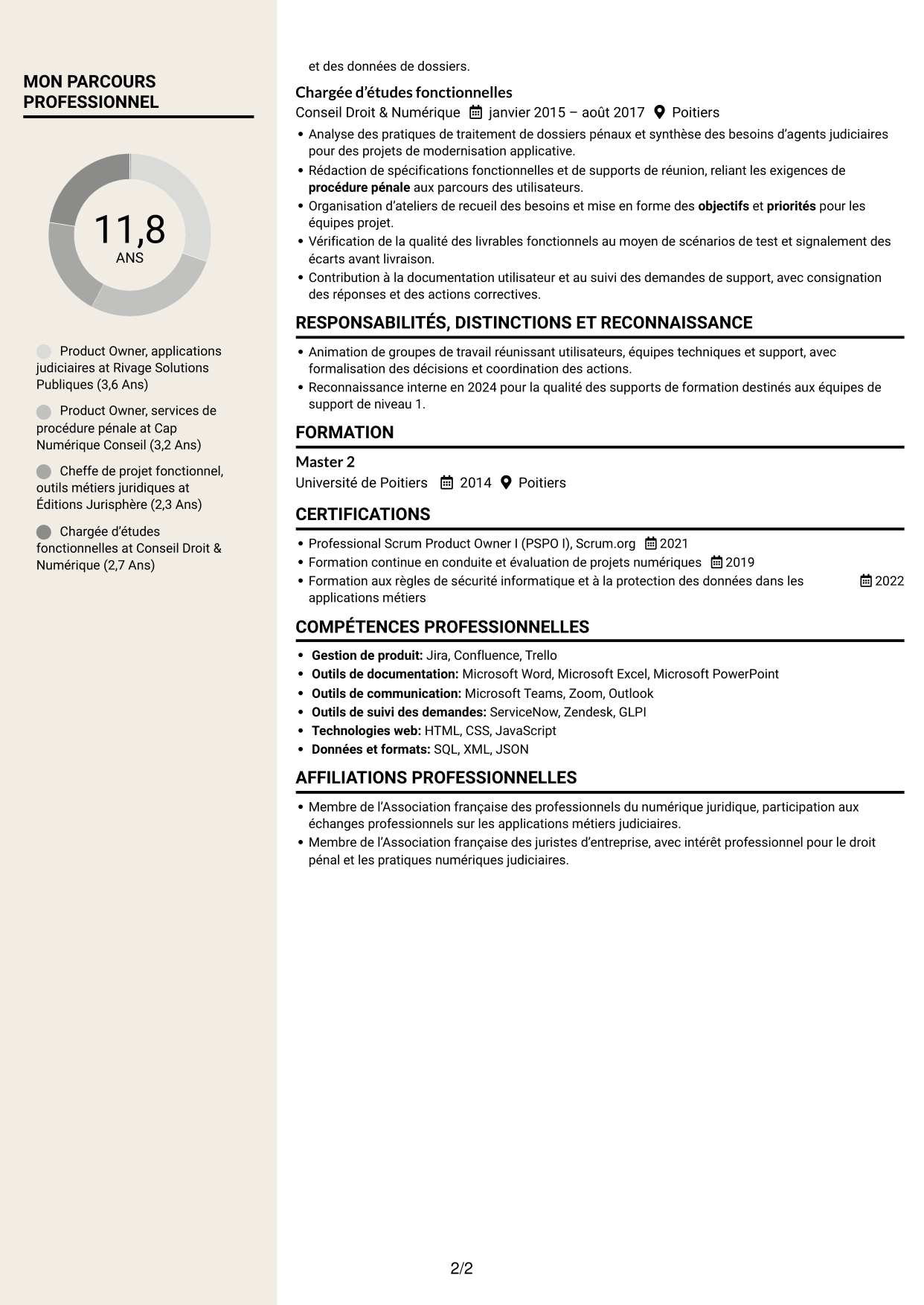 CV Fonceur (format à deux colonnes avec en-tête centré sans photo) : Chargé d’études qualifié, Product Owner - Procédure pénale numérique, page 2