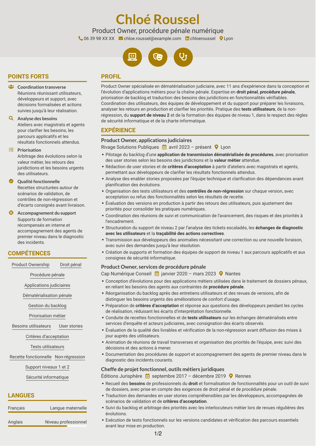 CV Dynamique (format à deux colonnes avec icônes) : Chargé d’études qualifié, Product Owner - Procédure pénale numérique, page 1