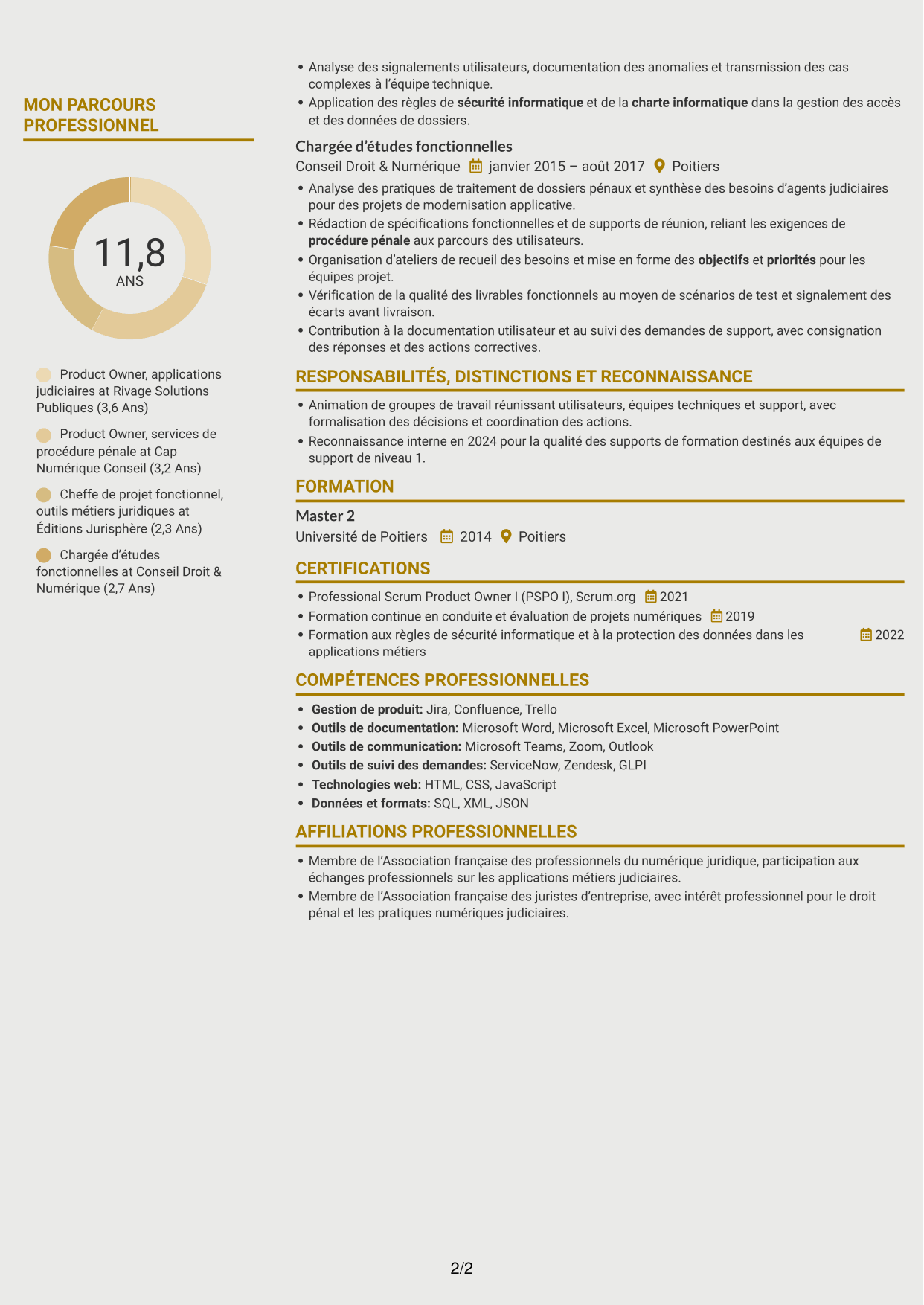 CV Dynamique (format à deux colonnes avec icônes) : Chargé d’études qualifié, Product Owner - Procédure pénale numérique, page 2