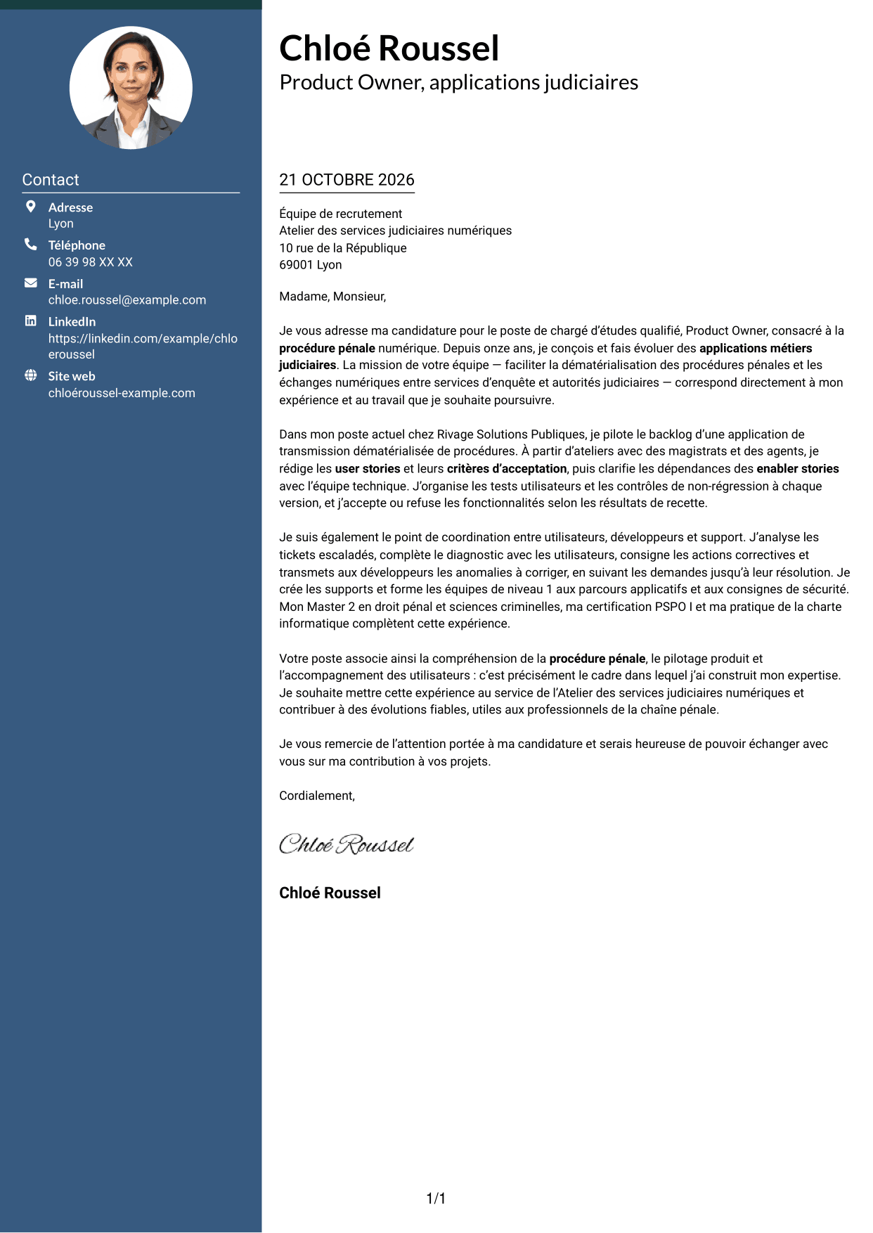 Lettre de motivation Élégant (format à colonne latérale colorée avec photo) : Chargé d’études qualifié, Product Owner - Procédure pénale numérique, page 1