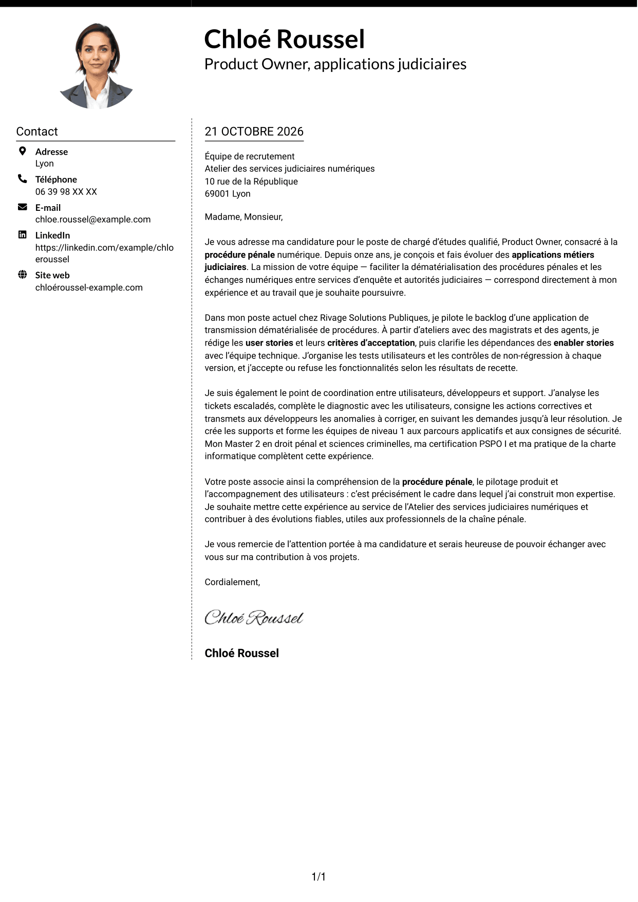 Lettre de motivation Moderne (format à deux colonnes avec photo à gauche et séparateur) : Chargé d’études qualifié, Product Owner - Procédure pénale numérique, page 1