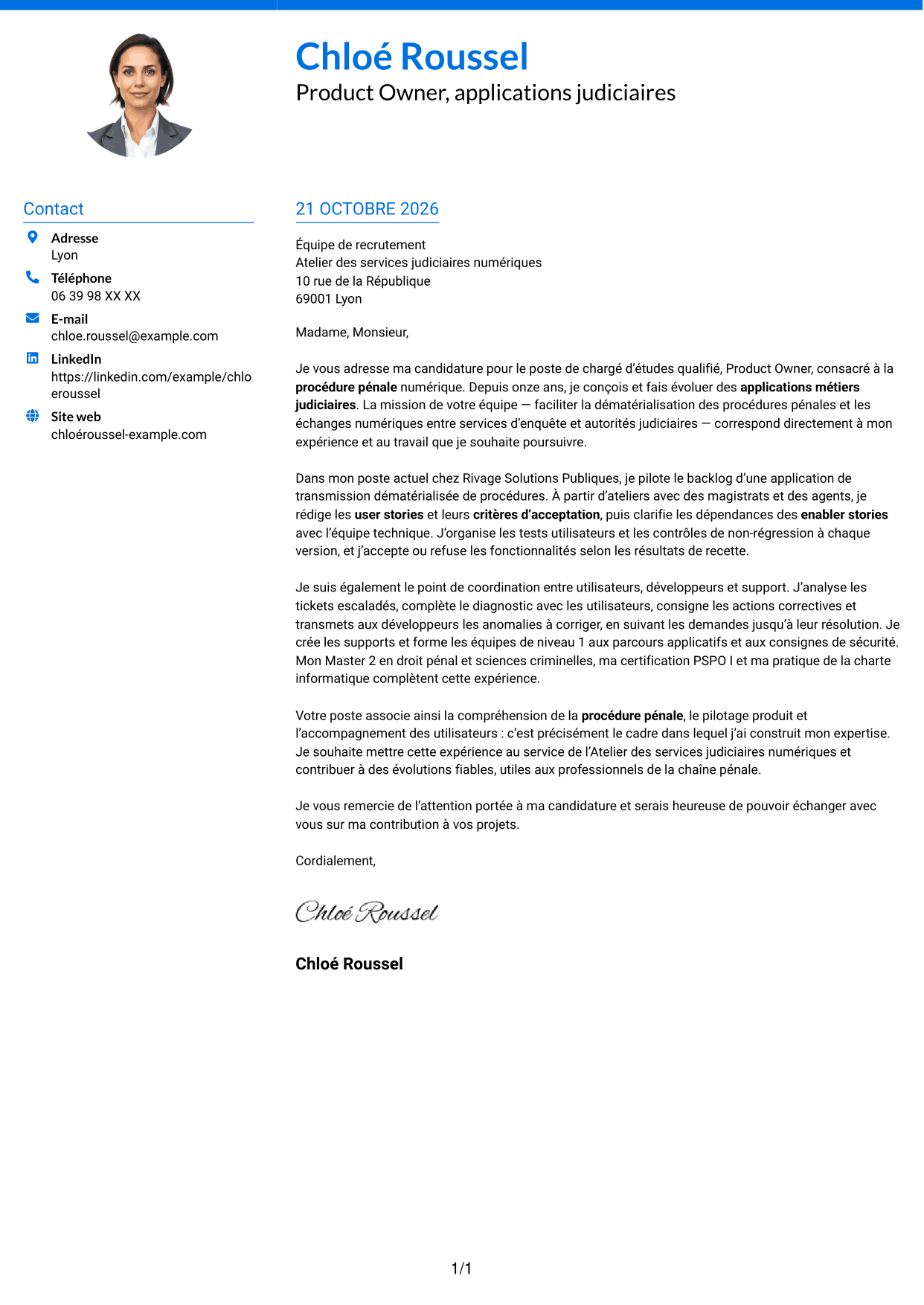 Lettre de motivation Audacieux (format à deux colonnes avec accents colorés et photo) : Chargé d’études qualifié, Product Owner - Procédure pénale numérique, page 1