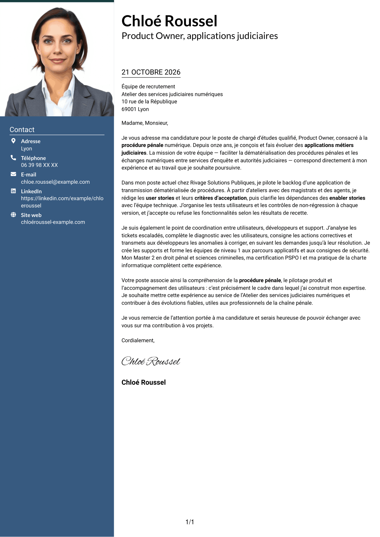 Lettre de motivation Signature (format à colonne latérale colorée avec grande photo) : Chargé d’études qualifié, Product Owner - Procédure pénale numérique, page 1
