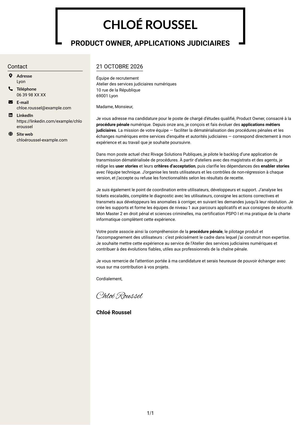Lettre de motivation Fonceur (format à deux colonnes avec en-tête centré sans photo) : Chargé d’études qualifié, Product Owner - Procédure pénale numérique, page 1