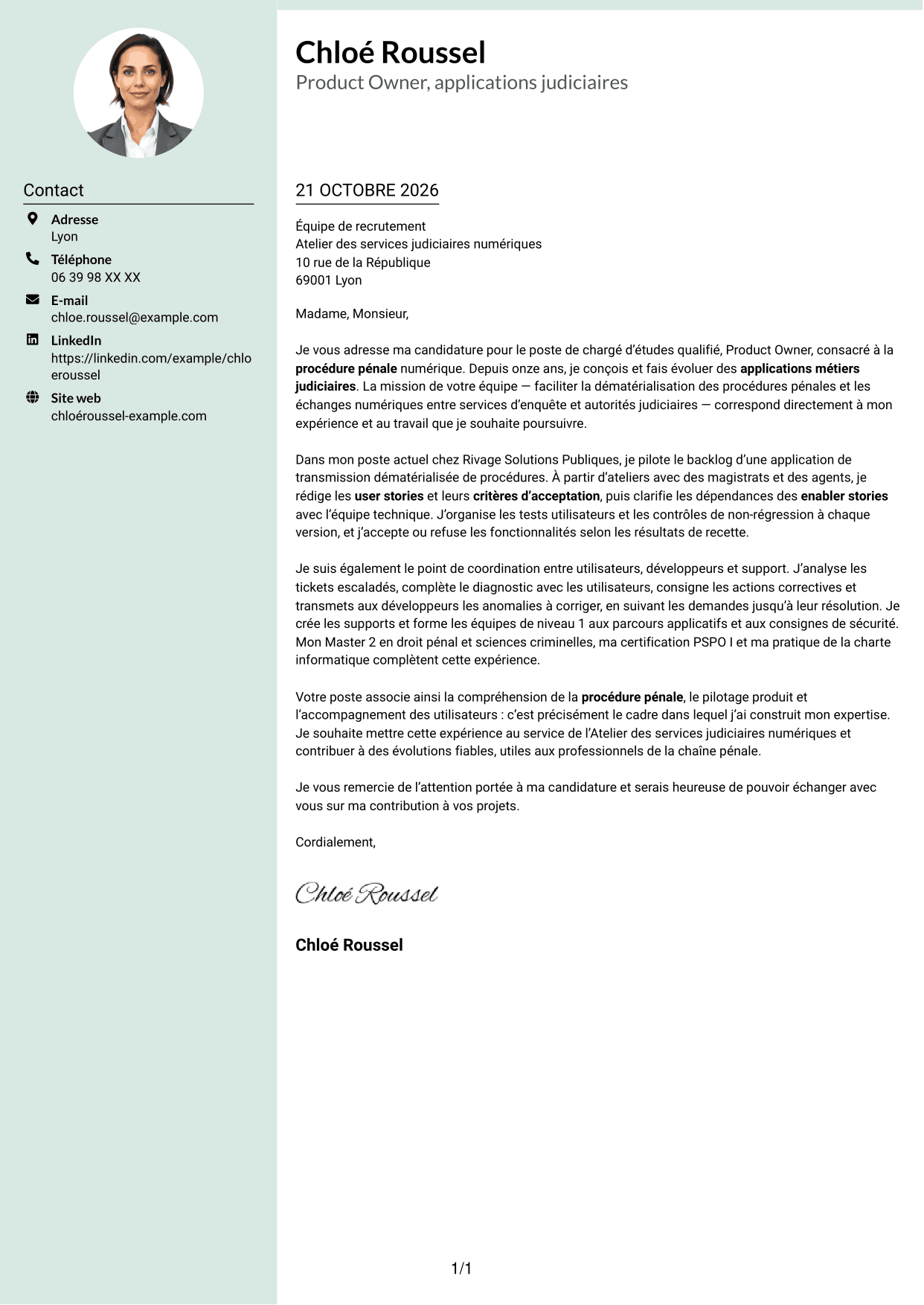 Lettre de motivation Cadre (format à colonne latérale douce avec photo arrondie) : Chargé d’études qualifié, Product Owner - Procédure pénale numérique, page 1