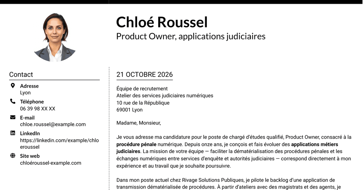 7 modèles de lettre de motivation pour Chargé d’études qualifié, Product Owner - Procédure pénale numérique, avec exemples