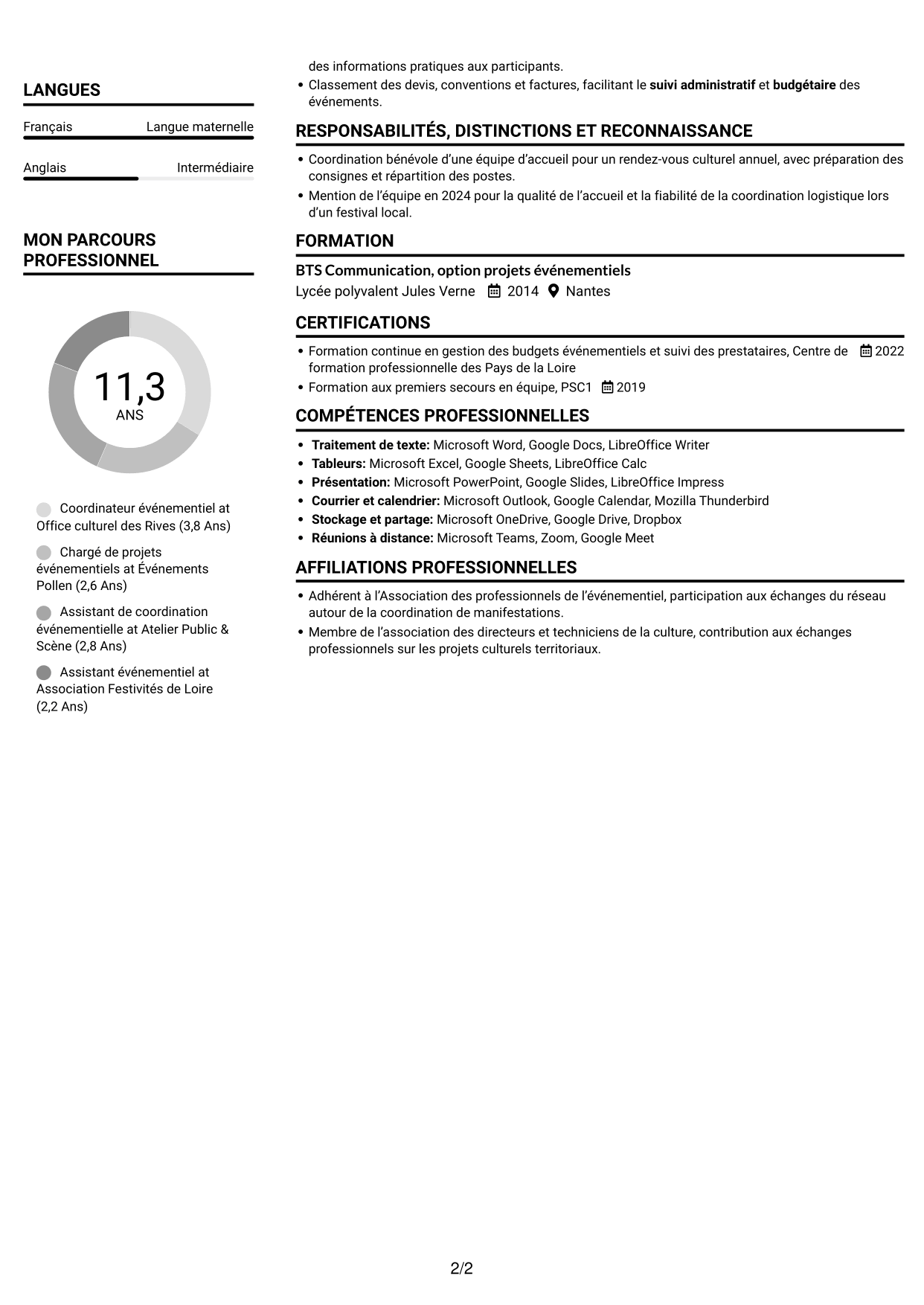 CV Compact (format sobre à deux colonnes avec photo) : Chargé d’événementiel - Événements municipaux, page 2