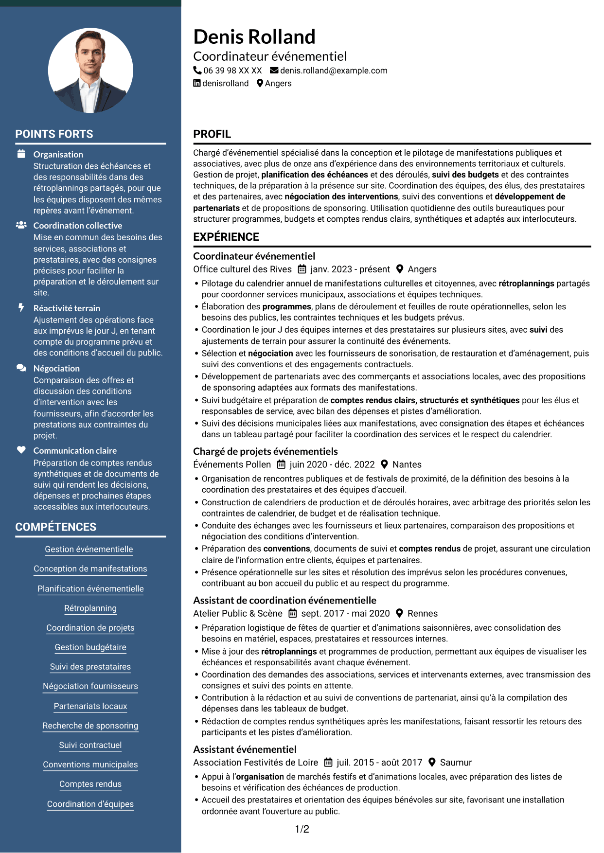 CV Élégant (format à colonne latérale colorée avec photo) : Chargé d’événementiel - Événements municipaux, page 1
