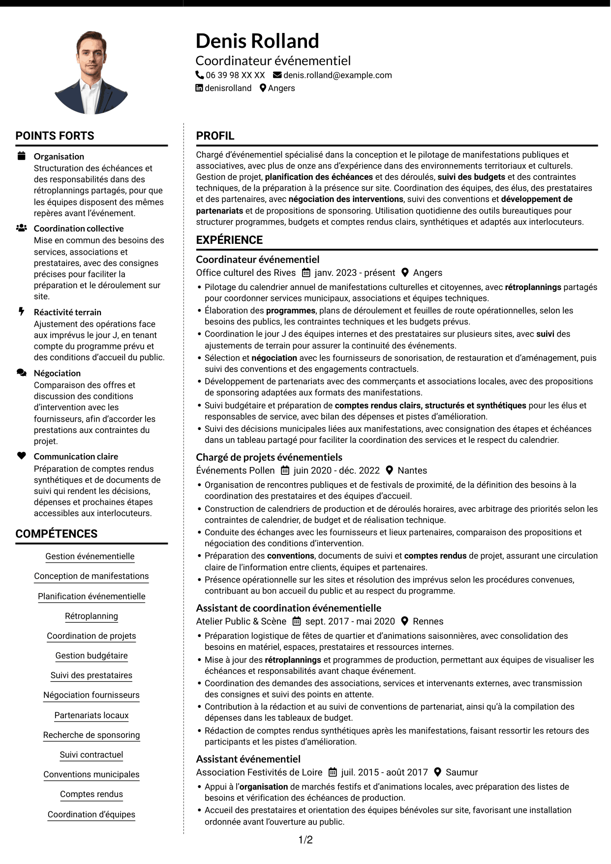 CV Moderne (format à deux colonnes avec photo à gauche et séparateur) : Chargé d’événementiel - Événements municipaux, page 1