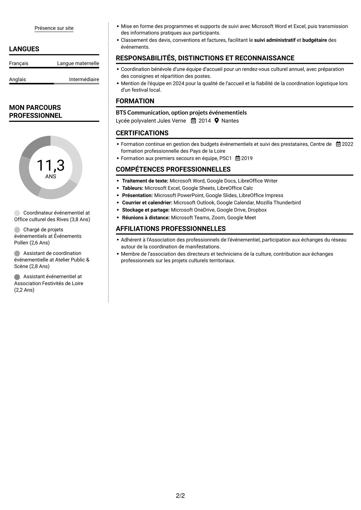 CV Moderne (format à deux colonnes avec photo à gauche et séparateur) : Chargé d’événementiel - Événements municipaux, page 2
