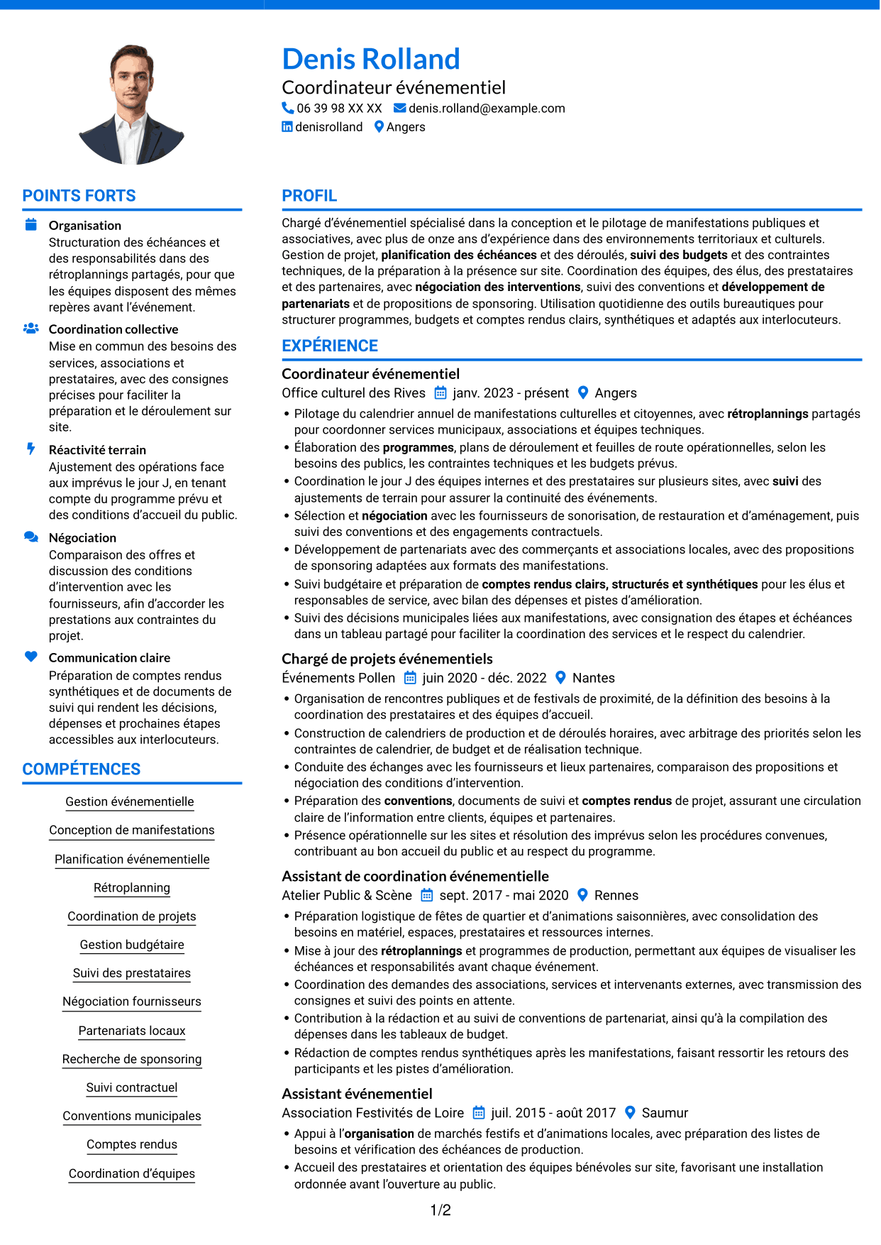 CV Audacieux (format à deux colonnes avec accents colorés et photo) : Chargé d’événementiel - Événements municipaux, page 1