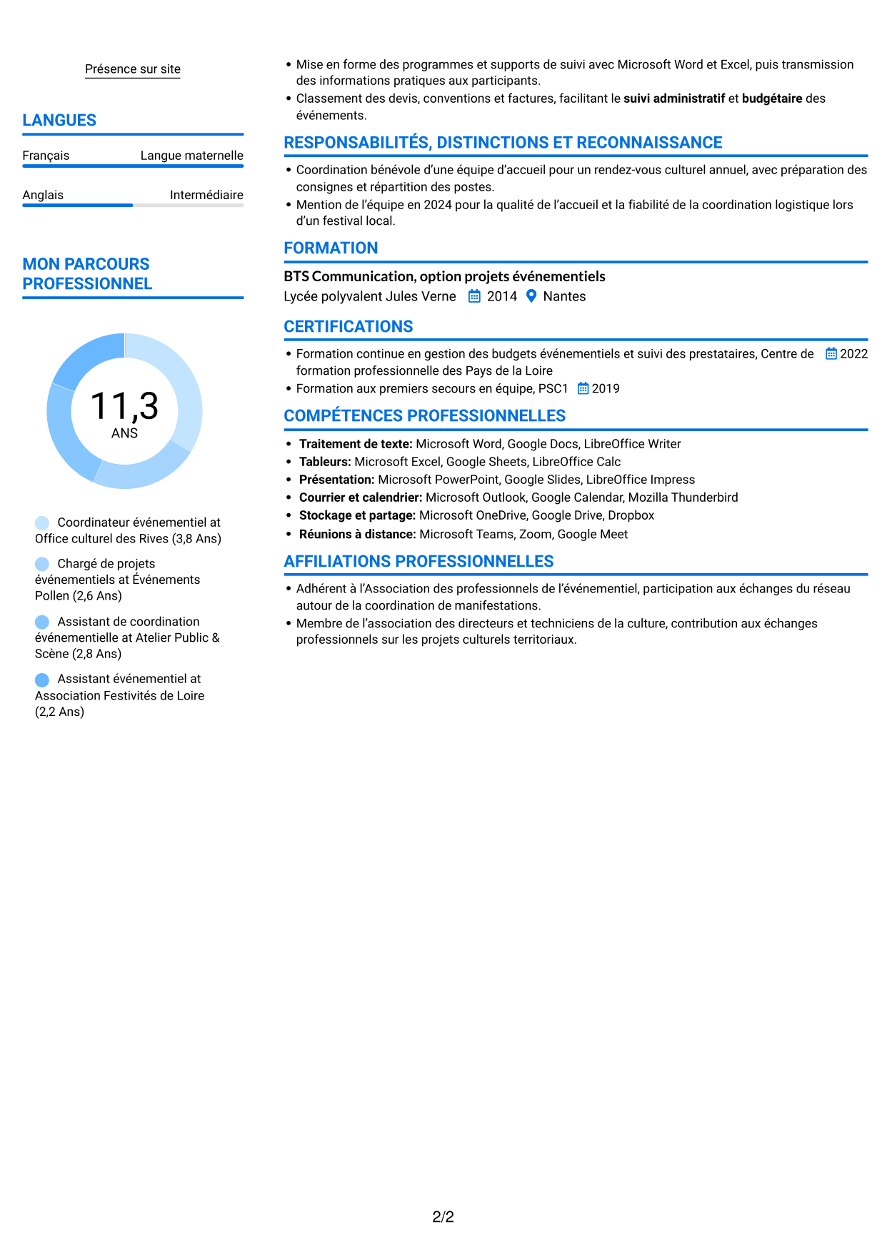CV Audacieux (format à deux colonnes avec accents colorés et photo) : Chargé d’événementiel - Événements municipaux, page 2
