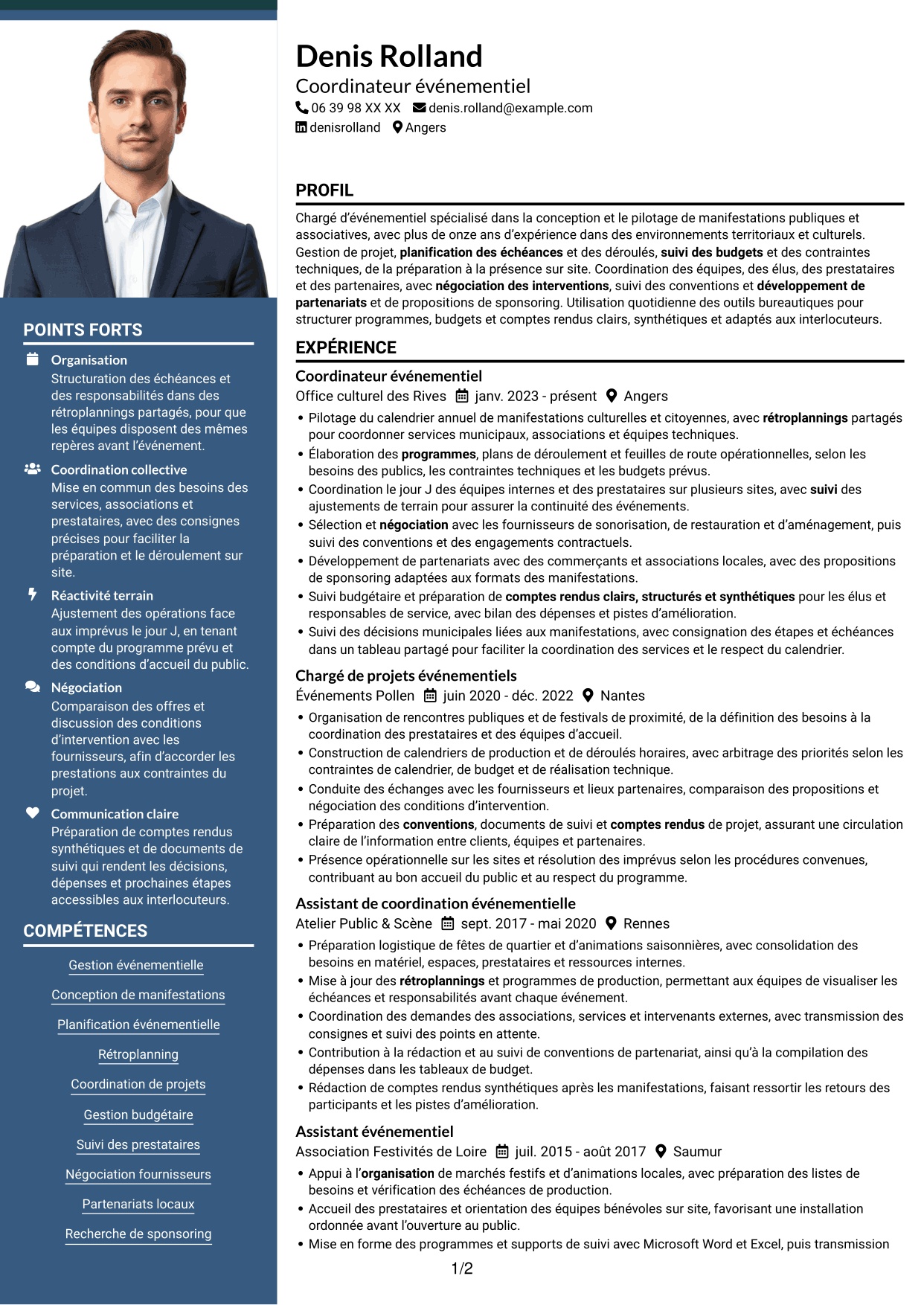 CV Signature (format à colonne latérale colorée avec grande photo) : Chargé d’événementiel - Événements municipaux, page 1