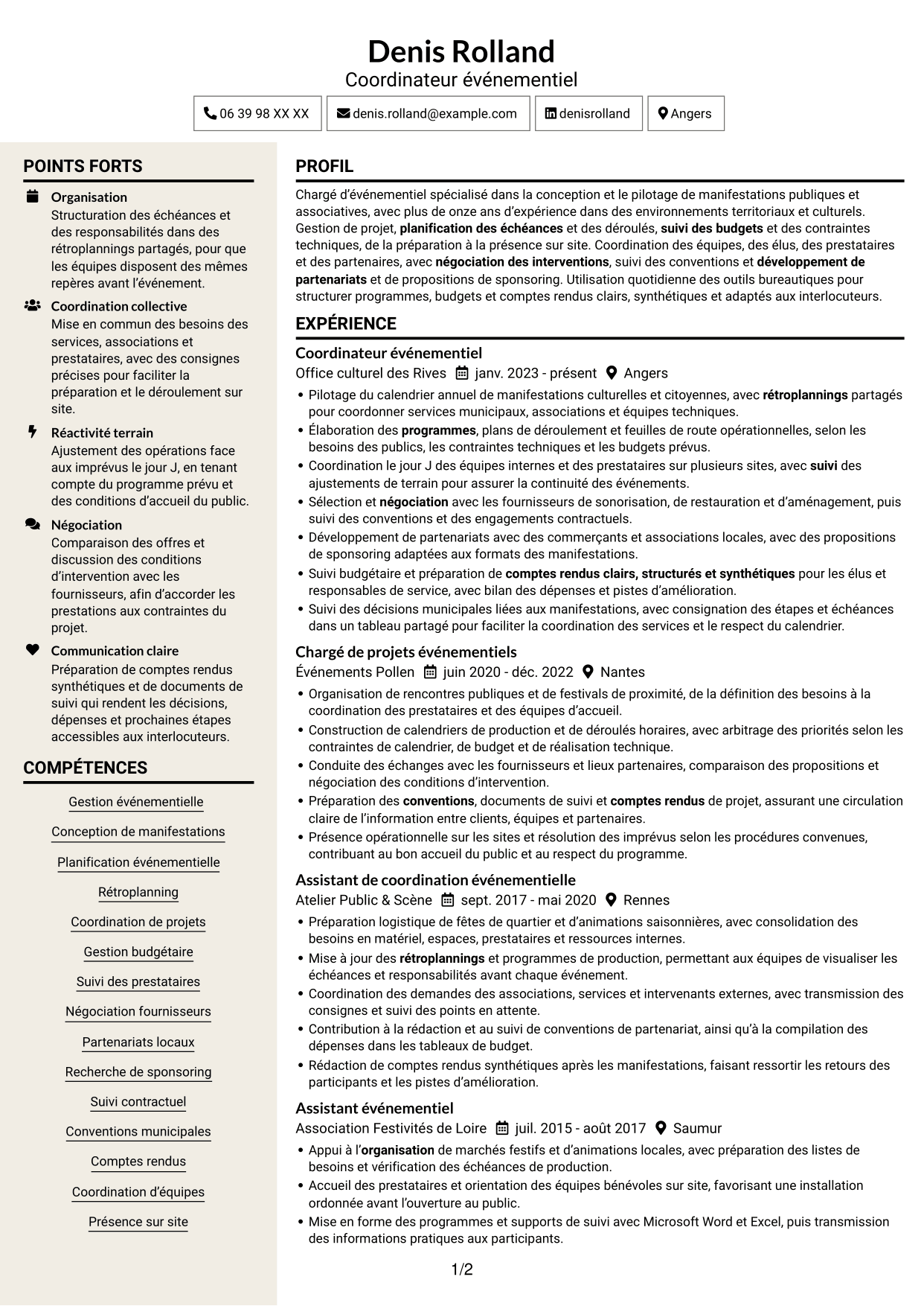CV Fonceur (format à deux colonnes avec en-tête centré sans photo) : Chargé d’événementiel - Événements municipaux, page 1