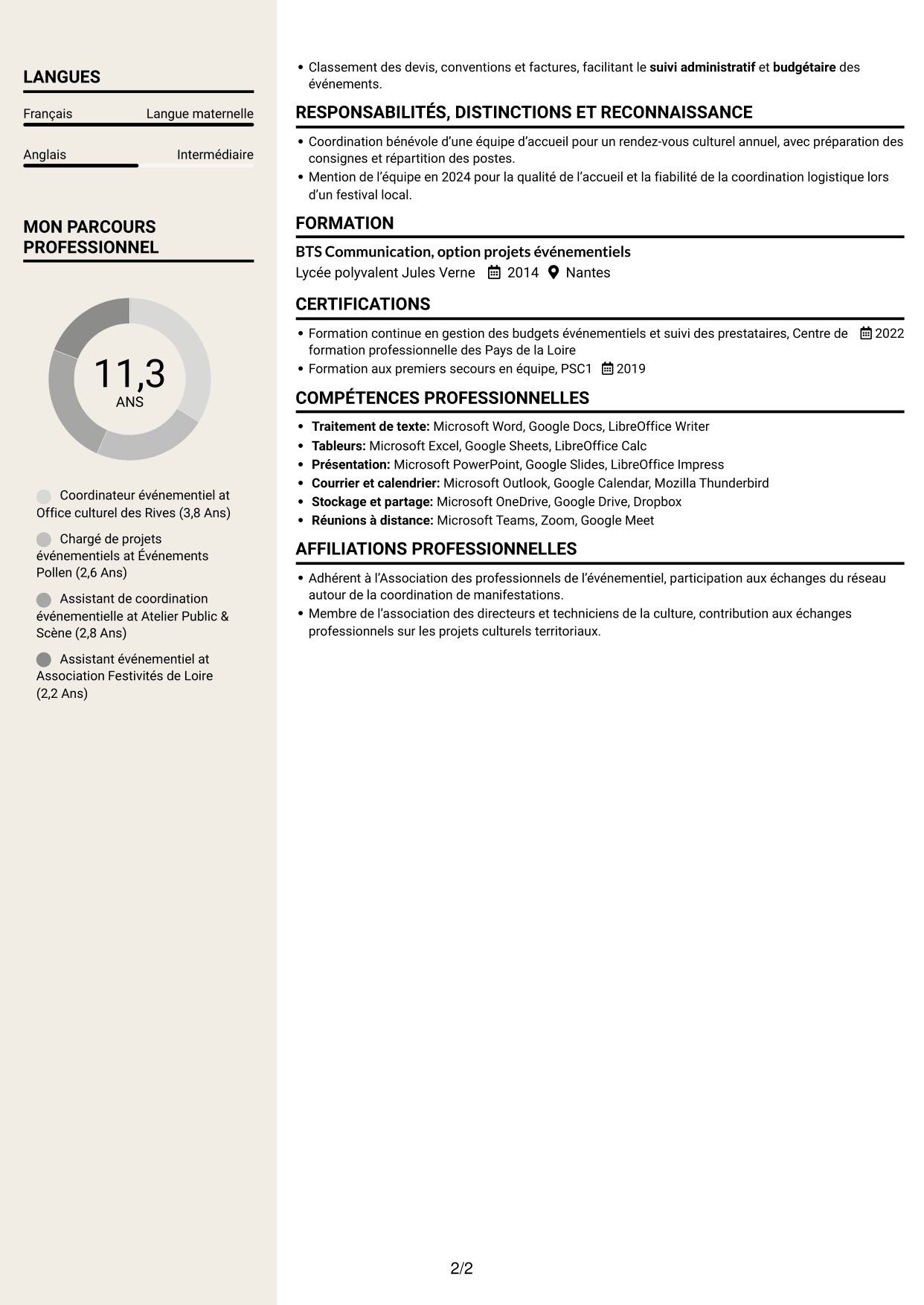 CV Fonceur (format à deux colonnes avec en-tête centré sans photo) : Chargé d’événementiel - Événements municipaux, page 2