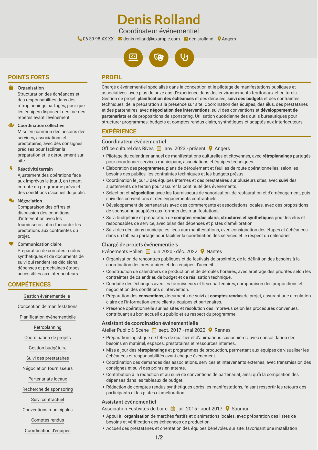 CV Dynamique (format à deux colonnes avec icônes) : Chargé d’événementiel - Événements municipaux, page 1