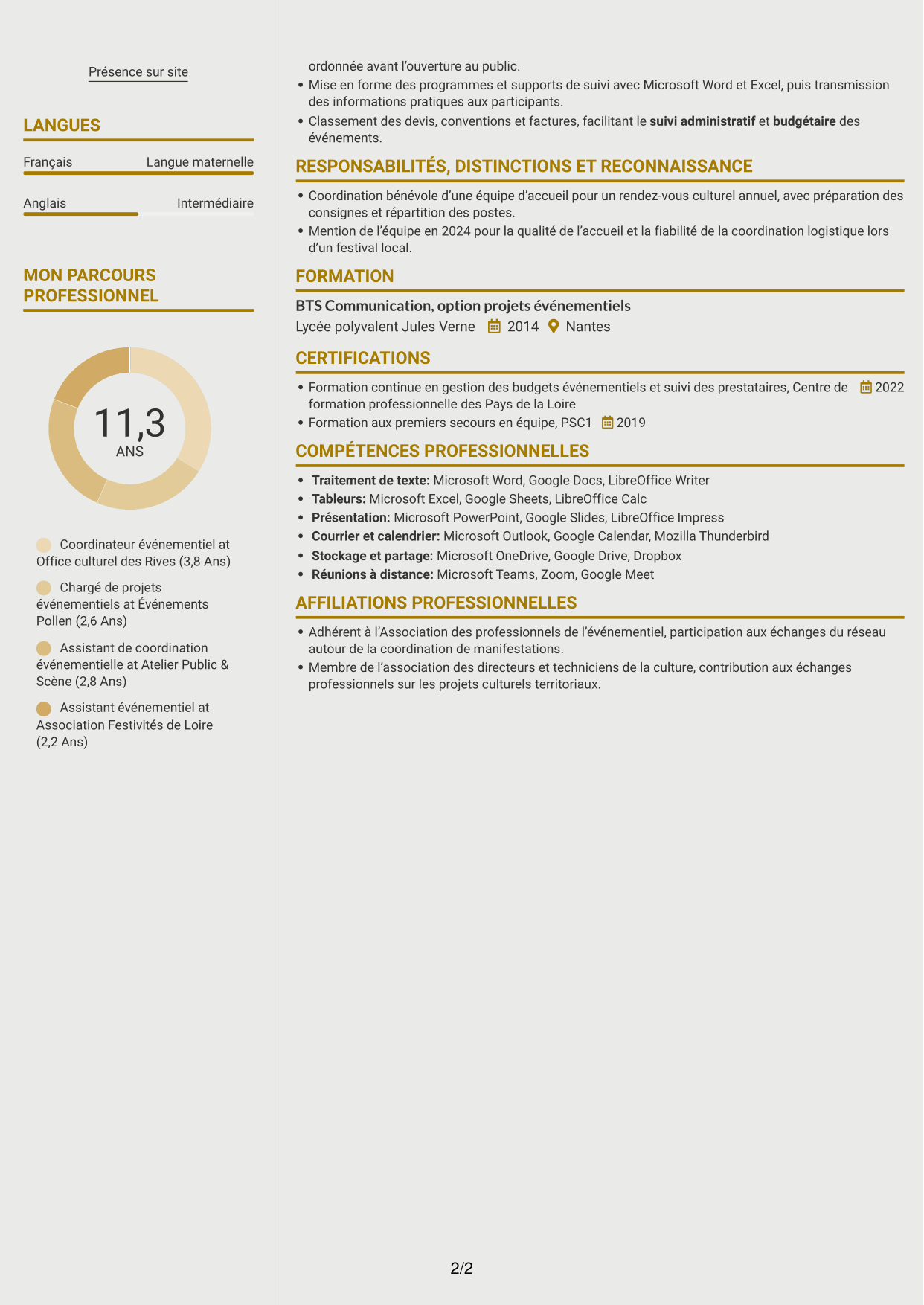 CV Dynamique (format à deux colonnes avec icônes) : Chargé d’événementiel - Événements municipaux, page 2