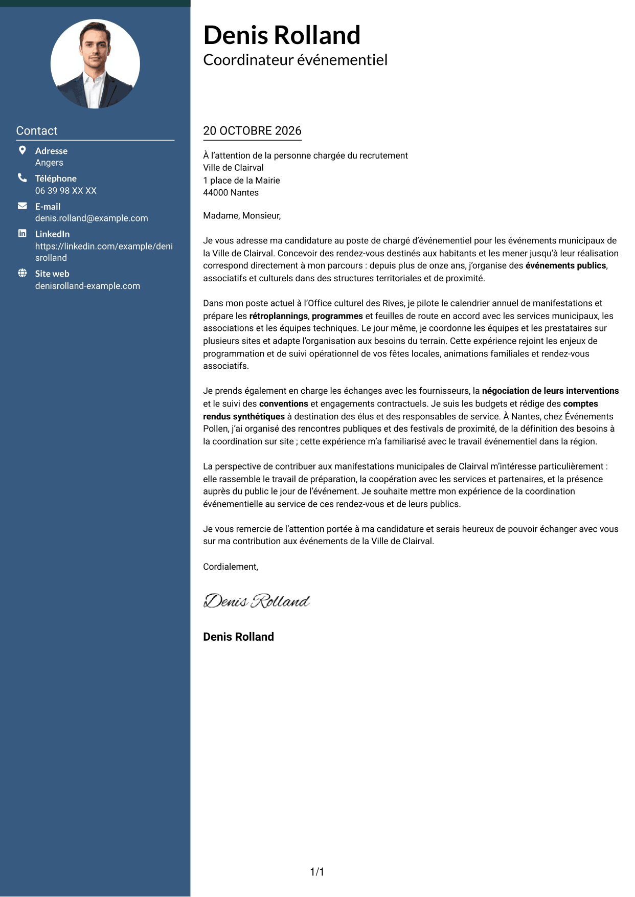 Lettre de motivation Élégant (format à colonne latérale colorée avec photo) : Chargé d’événementiel - Événements municipaux, page 1