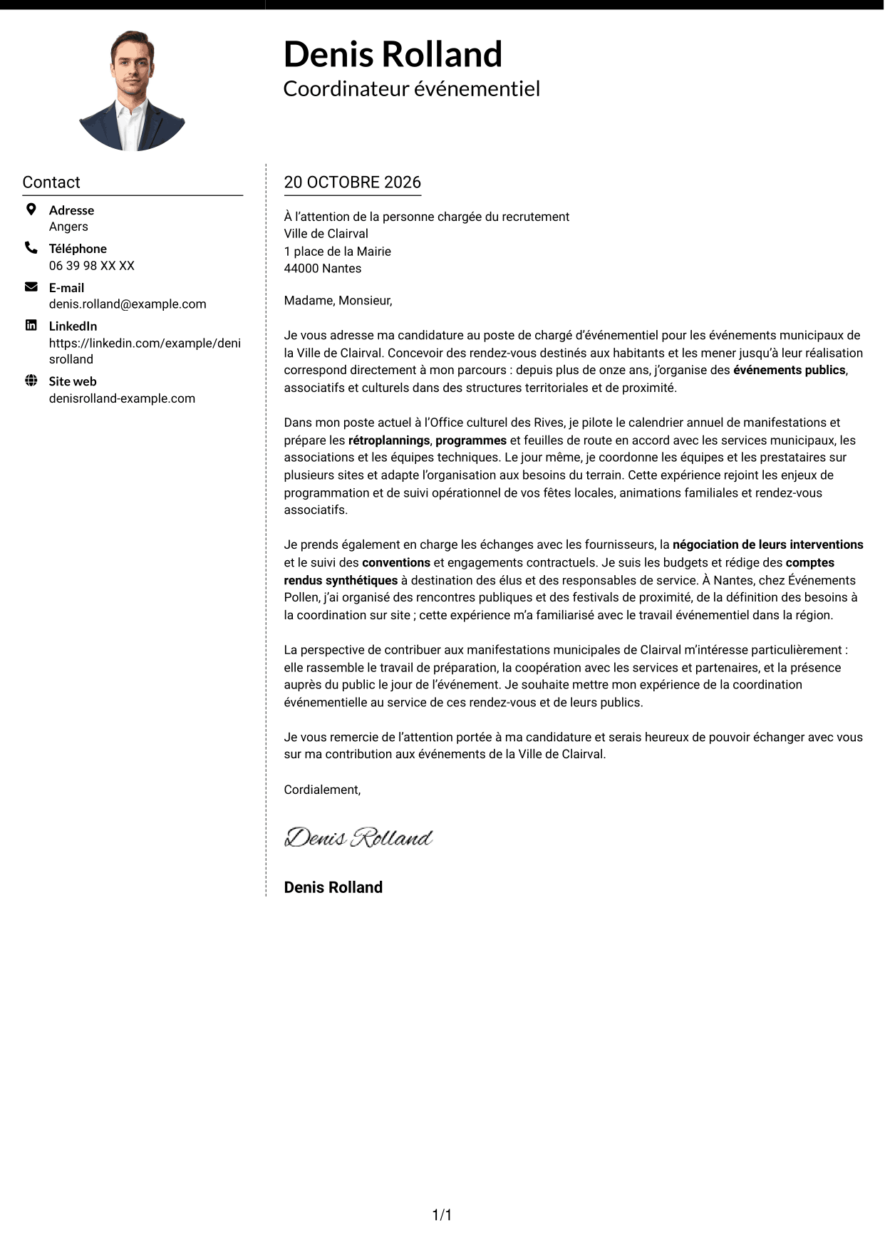Lettre de motivation Moderne (format à deux colonnes avec photo à gauche et séparateur) : Chargé d’événementiel - Événements municipaux, page 1