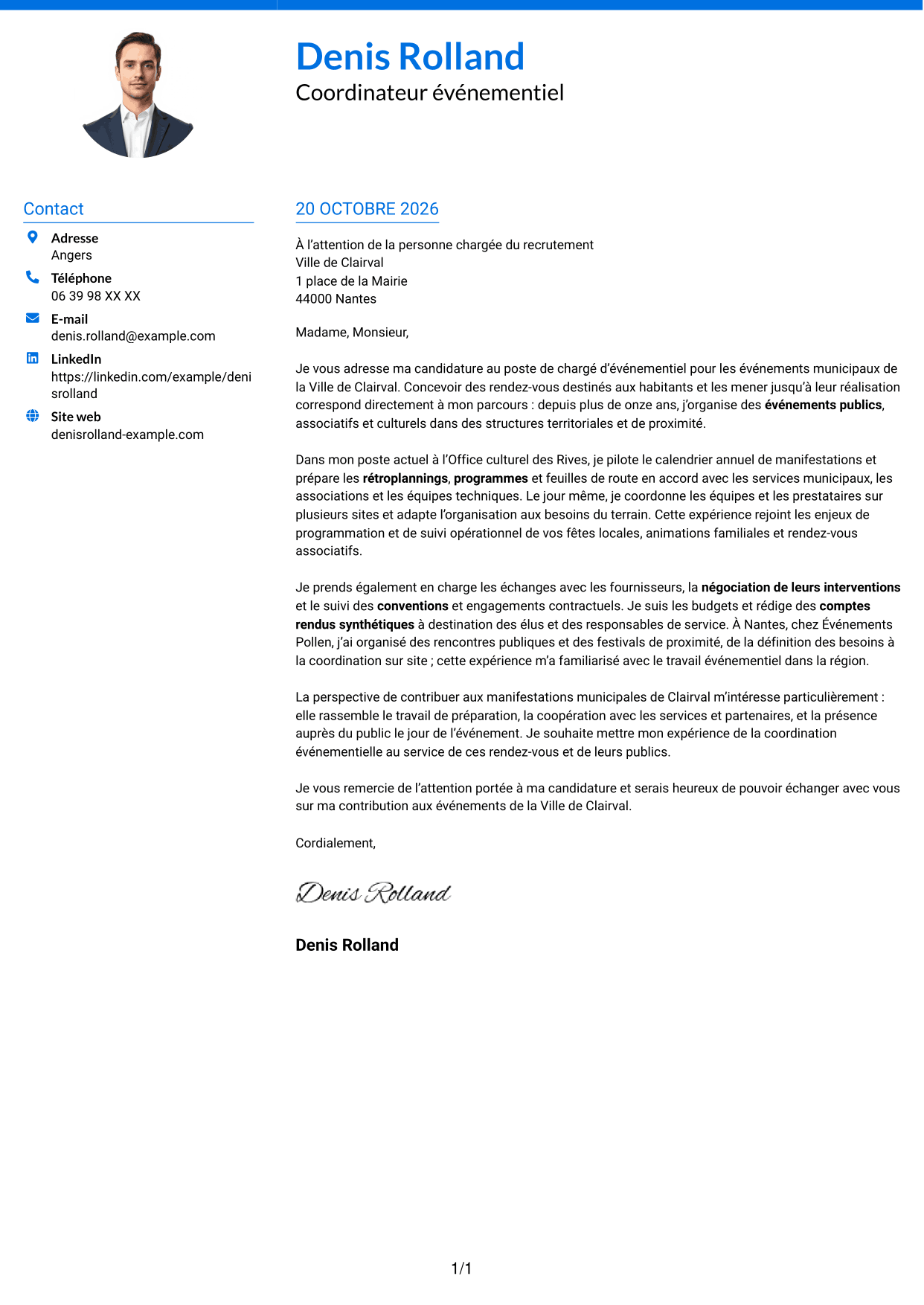 Lettre de motivation Audacieux (format à deux colonnes avec accents colorés et photo) : Chargé d’événementiel - Événements municipaux, page 1