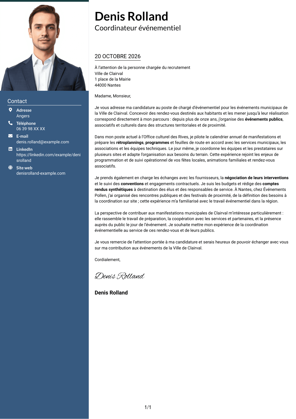 Lettre de motivation Signature (format à colonne latérale colorée avec grande photo) : Chargé d’événementiel - Événements municipaux, page 1