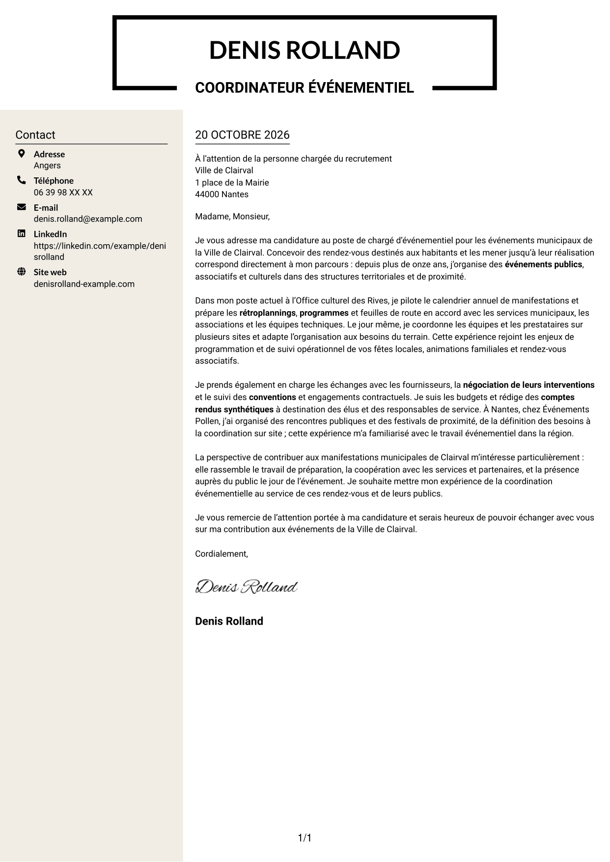 Lettre de motivation Fonceur (format à deux colonnes avec en-tête centré sans photo) : Chargé d’événementiel - Événements municipaux, page 1