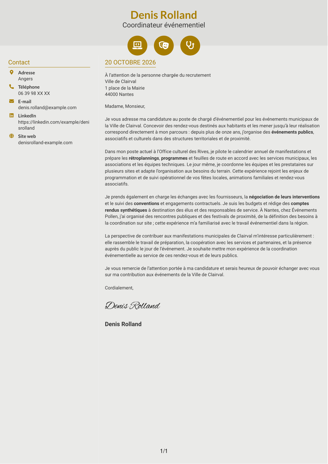 Lettre de motivation Dynamique (format à deux colonnes avec icônes) : Chargé d’événementiel - Événements municipaux, page 1