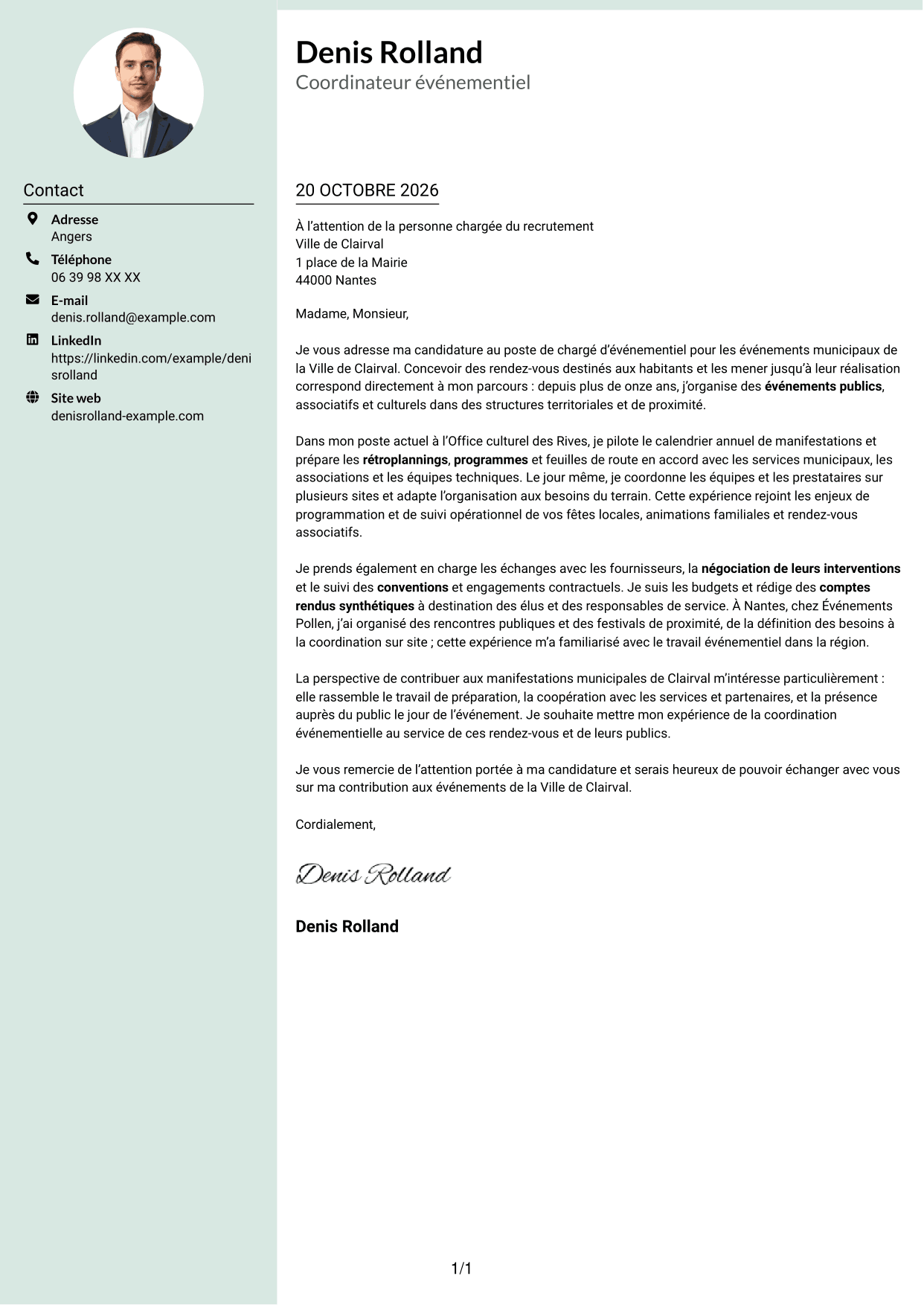Lettre de motivation Cadre (format à colonne latérale douce avec photo arrondie) : Chargé d’événementiel - Événements municipaux, page 1