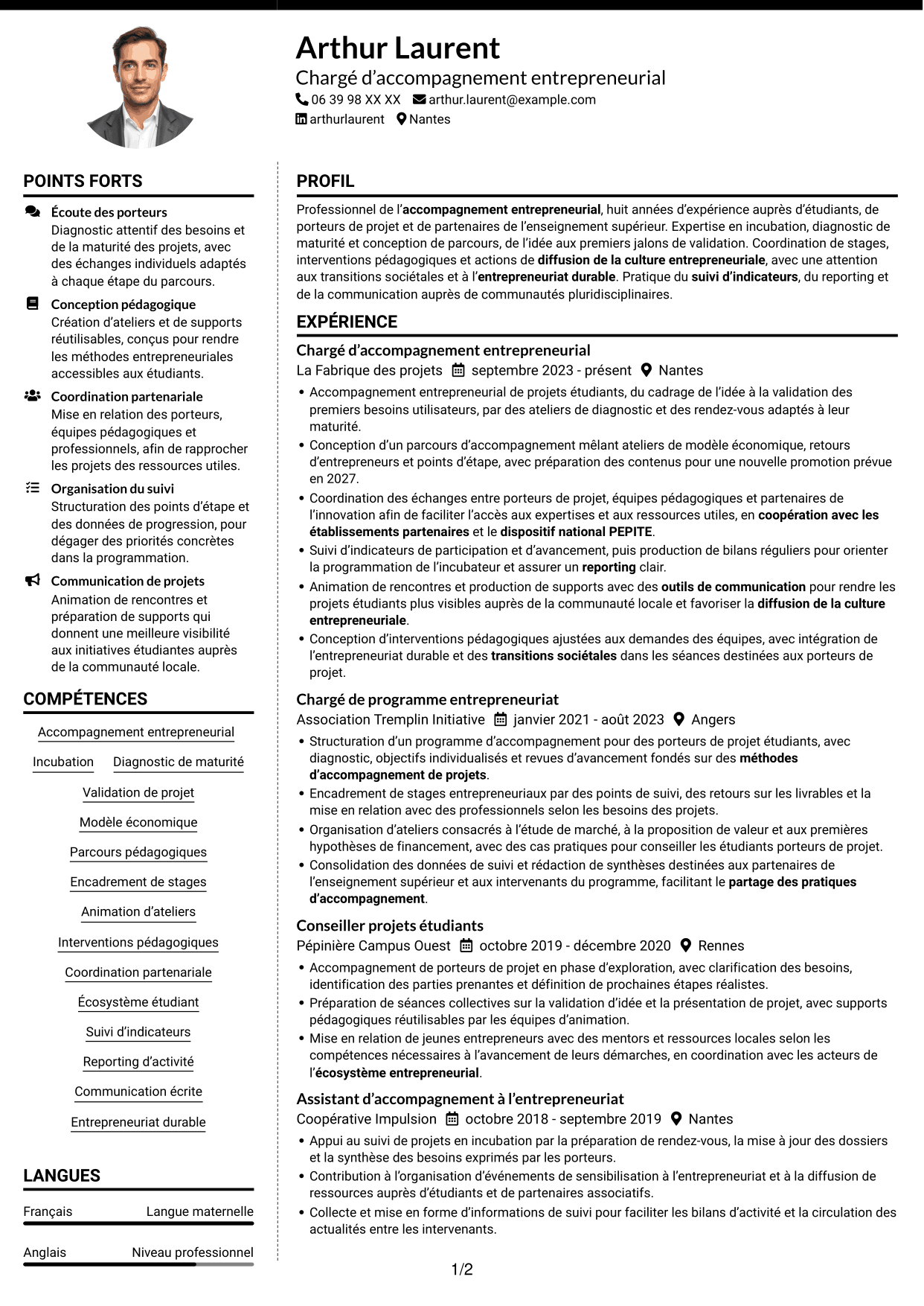 CV Moderne (format à deux colonnes avec photo à gauche et séparateur) : Chargé d'accompagnement de l'entrepreneuriat, page 1