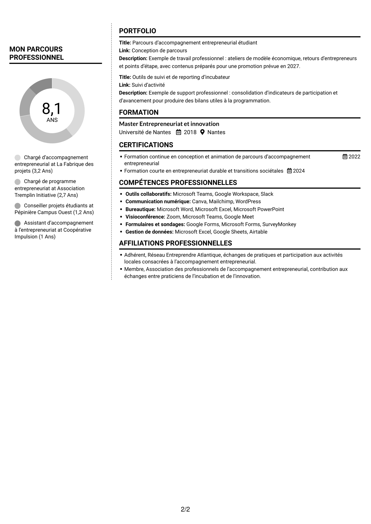 CV Moderne (format à deux colonnes avec photo à gauche et séparateur) : Chargé d'accompagnement de l'entrepreneuriat, page 2