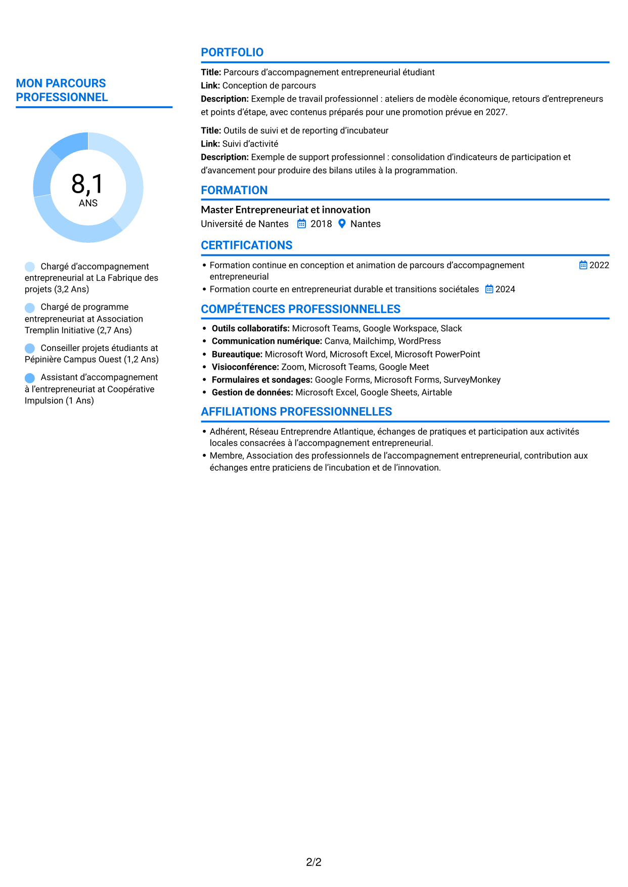 CV Audacieux (format à deux colonnes avec accents colorés et photo) : Chargé d'accompagnement de l'entrepreneuriat, page 2