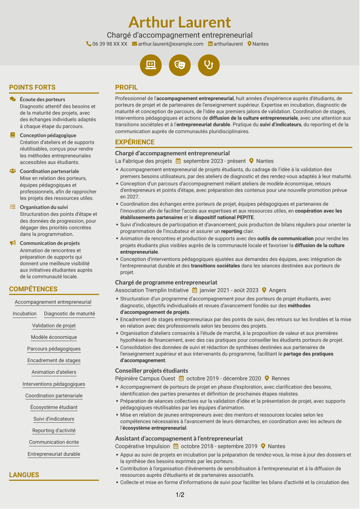 CV Dynamique (format à deux colonnes avec icônes) : Chargé d'accompagnement de l'entrepreneuriat, page 1