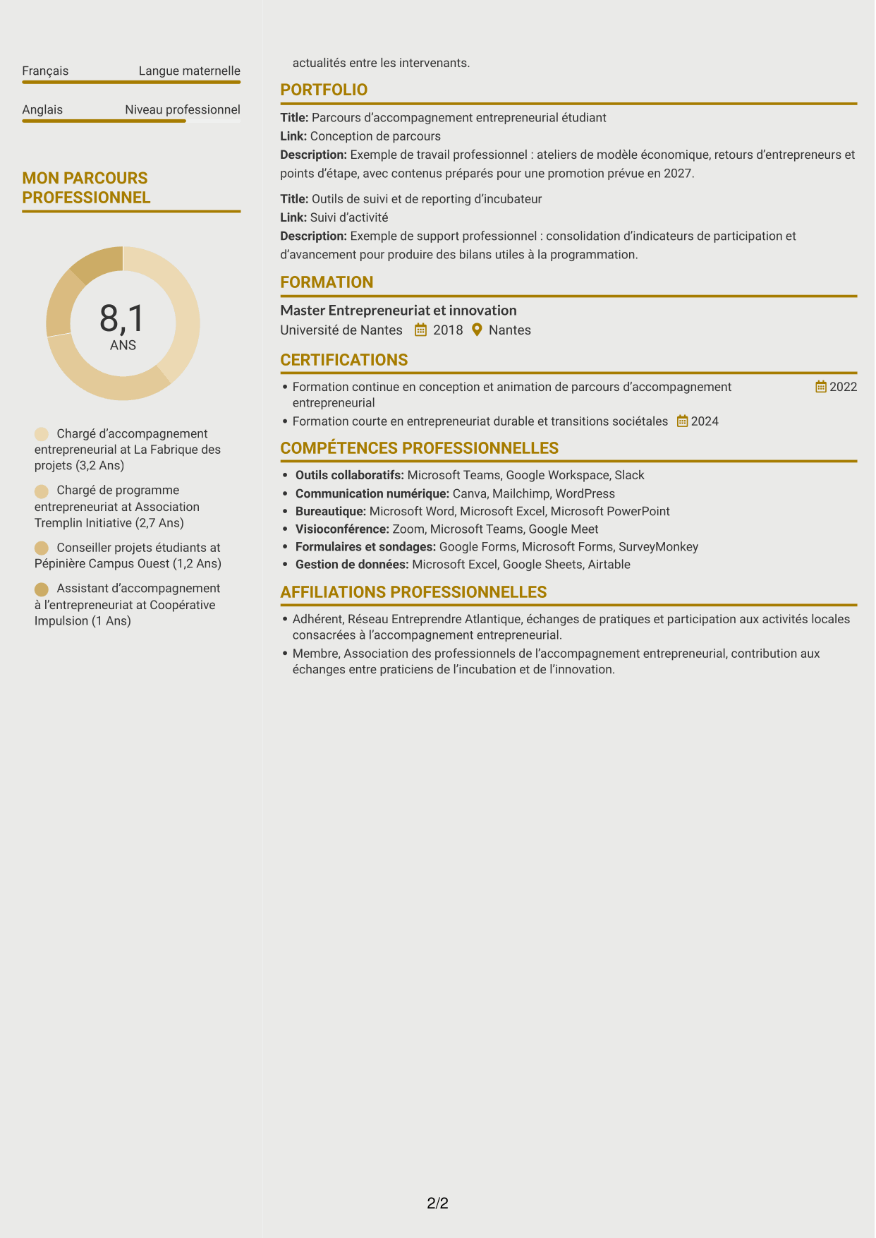CV Dynamique (format à deux colonnes avec icônes) : Chargé d'accompagnement de l'entrepreneuriat, page 2