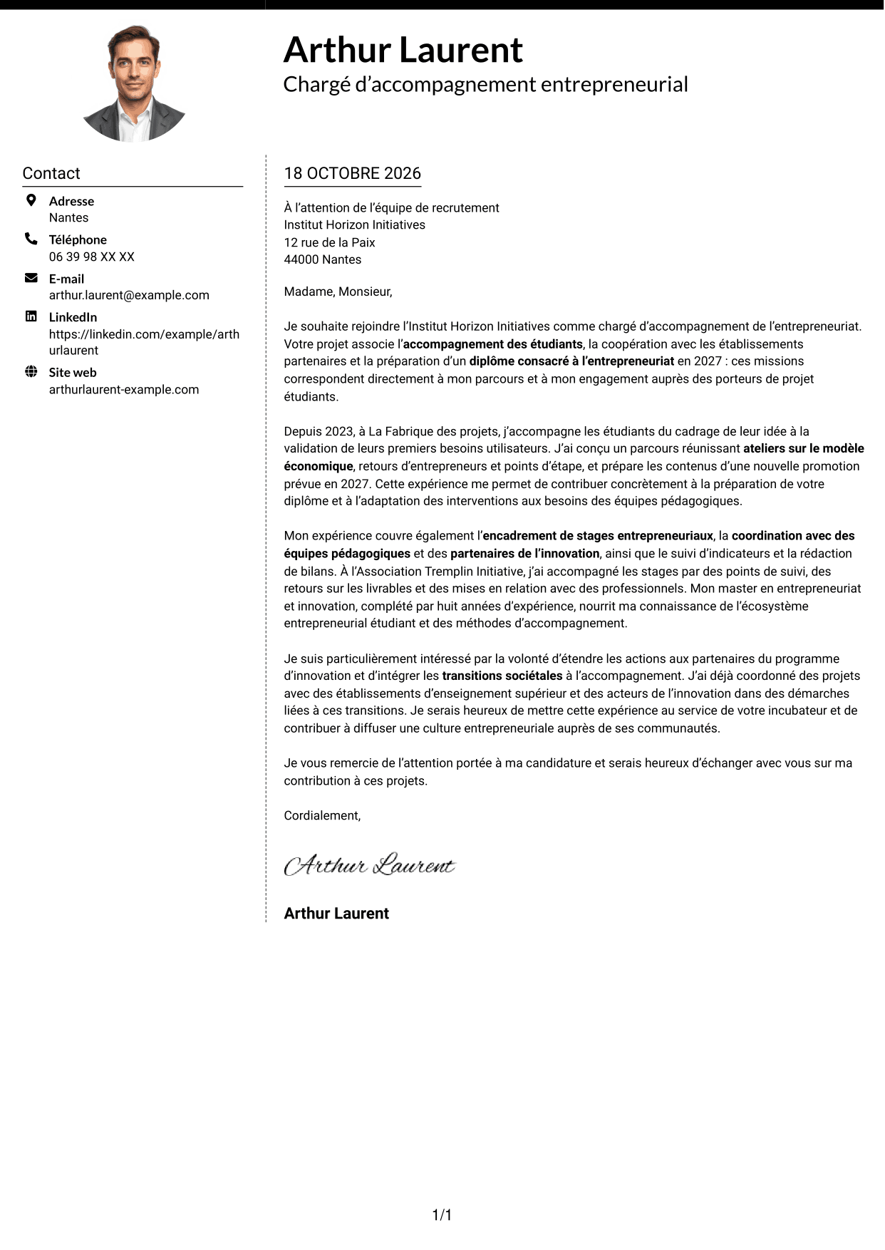 Lettre de motivation Moderne (format à deux colonnes avec photo à gauche et séparateur) : Chargé d'accompagnement de l'entrepreneuriat, page 1