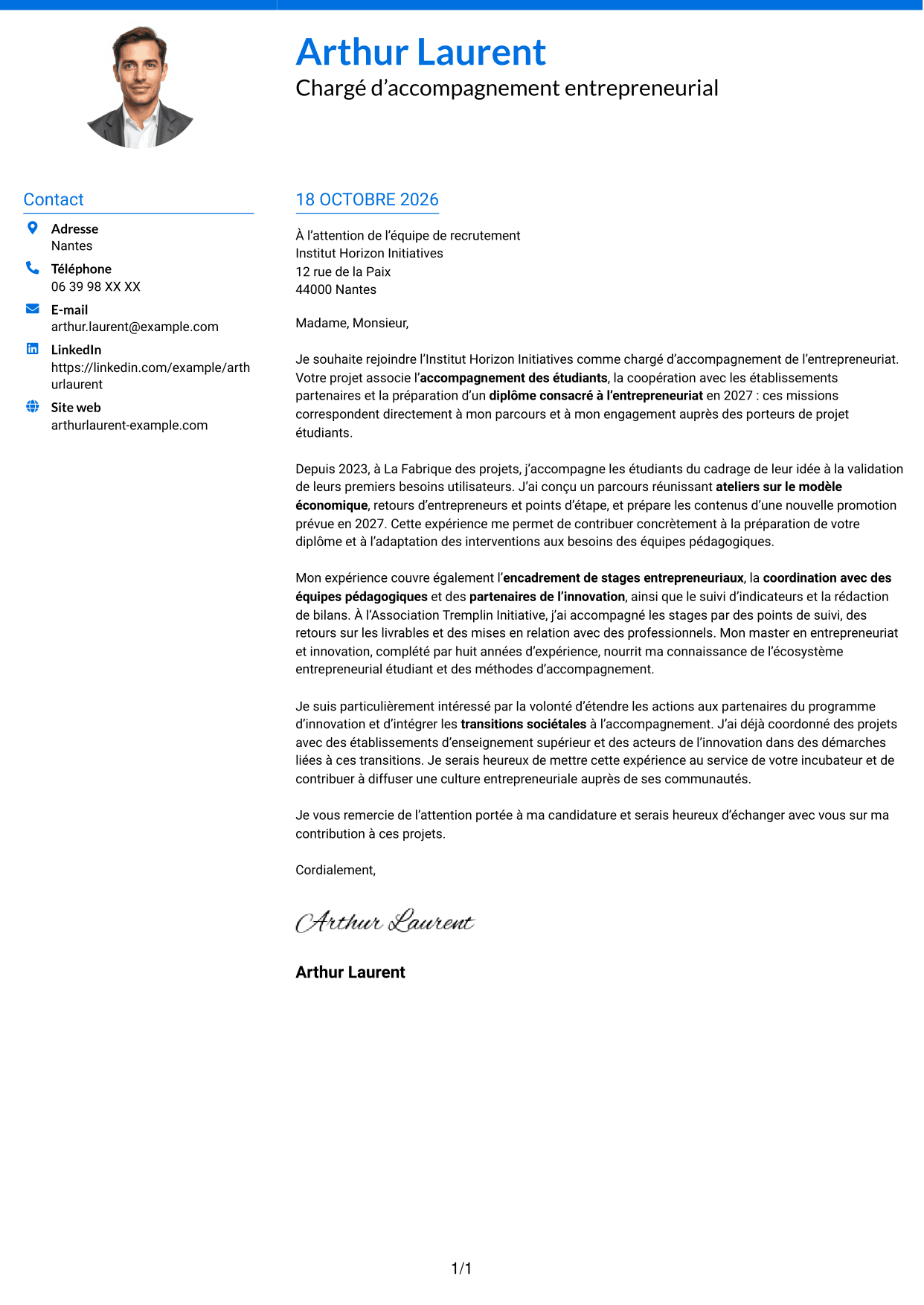 Lettre de motivation Audacieux (format à deux colonnes avec accents colorés et photo) : Chargé d'accompagnement de l'entrepreneuriat, page 1