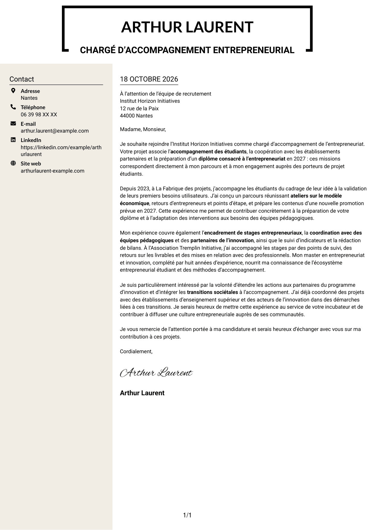Lettre de motivation Fonceur (format à deux colonnes avec en-tête centré sans photo) : Chargé d'accompagnement de l'entrepreneuriat, page 1