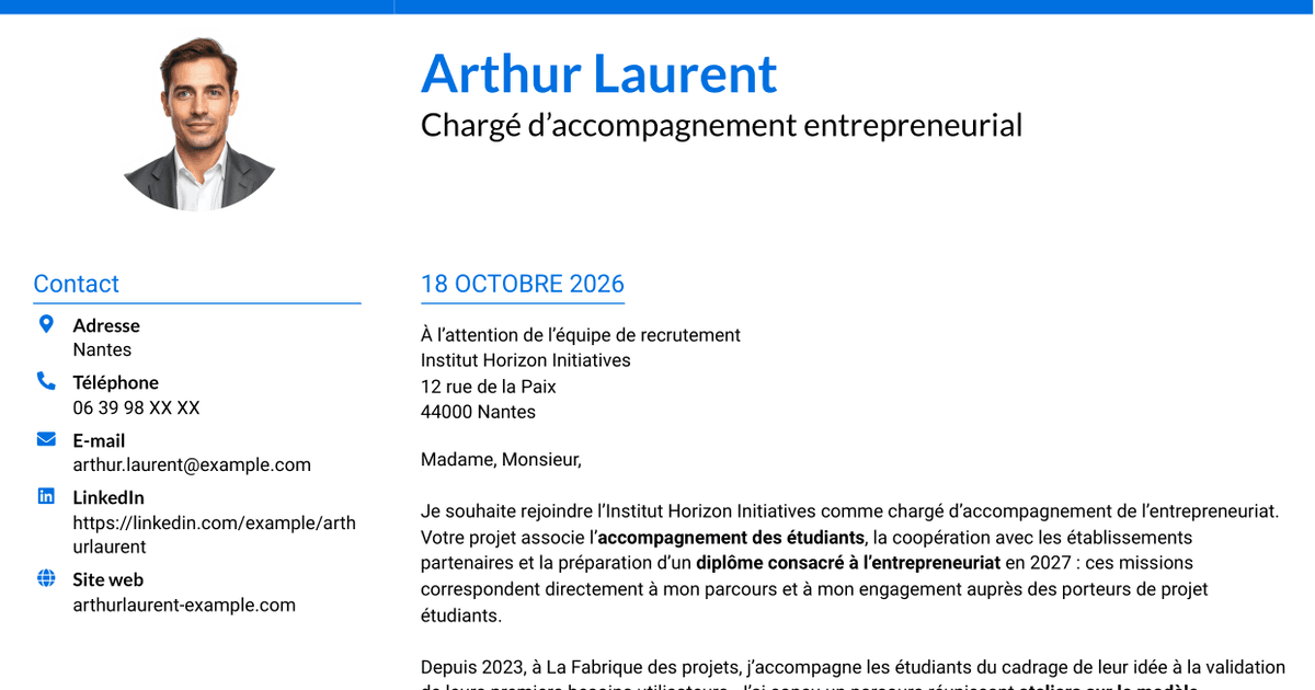 7 modèles de lettre de motivation pour Chargé d'accompagnement de l'entrepreneuriat, avec exemples